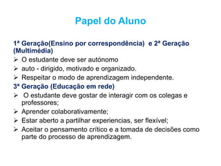 Papel do Aluno 
1ª Geração(Ensino por correspondência) e 2ª Geração 
(Multimédia) 
 O estudante deve ser autónomo 
 auto - dirigido, motivado e organizado. 
 Respeitar o modo de aprendizagem independente. 
3ª Geração (Educação em rede) 
 O estudante deve gostar de interagir com os colegas e 
professores; 
 Aprender colaborativamente; 
 Estar aberto a partilhar experiencias, ser flexível; 
 Aceitar o pensamento crítico e a tomada de decisões como 
parte do processo de aprendizagem. 
 
