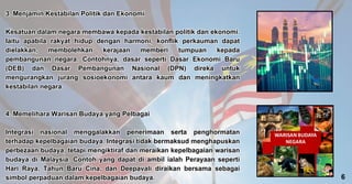 3. Menjamin Kestabilan Politik dan Ekonomi
Kesatuan dalam negara membawa kepada kestabilan politik dan ekonomi.
Iaitu apabila rakyat hidup dengan harmoni, konflik perkauman dapat
dielakkan, membolehkan kerajaan memberi tumpuan kepada
pembangunan negara. Contohnya, dasar seperti Dasar Ekonomi Baru
(DEB) dan Dasar Pembangunan Nasional (DPN) direka untuk
mengurangkan jurang sosioekonomi antara kaum dan meningkatkan
kestabilan negara.
4. Memelihara Warisan Budaya yang Pelbagai
Integrasi nasional menggalakkan penerimaan serta penghormatan
terhadap kepelbagaian budaya. Integrasi tidak bermaksud menghapuskan
perbezaan budaya, tetapi mengiktiraf dan meraikan kepelbagaian warisan
budaya di Malaysia. Contoh yang dapat di ambil ialah Perayaan seperti
Hari Raya, Tahun Baru Cina, dan Deepavali diraikan bersama sebagai
simbol perpaduan dalam kepelbagaian budaya.
3. Menjamin Kestabilan Politik dan Ekonomi
Kesatuan dalam negara membawa kepada kestabilan politik dan ekonomi.
Iaitu apabila rakyat hidup dengan harmoni, konflik perkauman dapat
dielakkan, membolehkan kerajaan memberi tumpuan kepada
pembangunan negara. Contohnya, dasar seperti Dasar Ekonomi Baru
(DEB) dan Dasar Pembangunan Nasional (DPN) direka untuk
mengurangkan jurang sosioekonomi antara kaum dan meningkatkan
kestabilan negara.
4. Memelihara Warisan Budaya yang Pelbagai
Integrasi nasional menggalakkan penerimaan serta penghormatan
terhadap kepelbagaian budaya. Integrasi tidak bermaksud menghapuskan
perbezaan budaya, tetapi mengiktiraf dan meraikan kepelbagaian warisan
budaya di Malaysia. Contoh yang dapat di ambil ialah Perayaan seperti
Hari Raya, Tahun Baru Cina, dan Deepavali diraikan bersama sebagai
simbol perpaduan dalam kepelbagaian budaya. 6
 