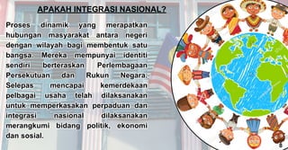 Proses dinamik yang merapatkan
hubungan masyarakat antara negeri
dengan wilayah bagi membentuk satu
bangsa. Mereka mempunyai identiti
sendiri berteraskan Perlembagaan
Persekutuan dan Rukun Negara.
Selepas mencapai kemerdekaan
pelbagai usaha telah dilaksanakan
untuk memperkasakan perpaduan dan
integrasi nasional dilaksanakan
merangkumi bidang politik, ekonomi
dan sosial.
Proses dinamik yang merapatkan
hubungan masyarakat antara negeri
dengan wilayah bagi membentuk satu
bangsa. Mereka mempunyai identiti
sendiri berteraskan Perlembagaan
Persekutuan dan Rukun Negara.
Selepas mencapai kemerdekaan
pelbagai usaha telah dilaksanakan
untuk memperkasakan perpaduan dan
integrasi nasional dilaksanakan
merangkumi bidang politik, ekonomi
dan sosial.
APAKAH INTEGRASI NASIONAL?
8
 