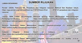 LAMAN SESAWANG
Pandal. (2025b, February 28). Perpaduan Dan Integrasi nasional: Maksud Dan Keadaan rakyat,
https://app.pandal.org/note/read/kssm-sj-11-07-01/kssm-f5-st 07/07-01-perpaduan-dan-integrasi-
nasional
Latihan SEM 1-ESEI 2013-Integrasi Nasional penting Dalam Meneruskan Kesinambungan
Pembangunan-Studocu. (n.d.). https://www.studocu.com/my/document/sekolah-menengah-
kebangsaan-bako/pengajian-am-sem-1/latihan-sem-1-esei/61546625
Peranan Pendidikan Dalam Mewujudkan integrasi nasional-converted (1). anyflip. (n.d.).
https://online.anyflip.com/zduog/cwyo/mobile/
Cabaran Integrasi Antara Kaum di malaysia - UKM. (n.d.-a).
https://www.ukm.my/jhadhari/makalah/v2n12010/makalah-v2n1-n4.pdf
Peranan Pendidikan Dalam Mewujudkan integrasi nasional-converted (1). anyflip. (n.d.-a).
https://online.anyflip.com/zduog/cwyo/mobile/
LAMAN SESAWANG
Pandal. (2025b, February 28). Perpaduan Dan Integrasi nasional: Maksud Dan Keadaan rakyat,
https://app.pandal.org/note/read/kssm-sj-11-07-01/kssm-f5-st 07/07-01-perpaduan-dan-integrasi-
nasional
Latihan SEM 1-ESEI 2013-Integrasi Nasional penting Dalam Meneruskan Kesinambungan
Pembangunan-Studocu. (n.d.). https://www.studocu.com/my/document/sekolah-menengah-
kebangsaan-bako/pengajian-am-sem-1/latihan-sem-1-esei/61546625
Peranan Pendidikan Dalam Mewujudkan integrasi nasional-converted (1). anyflip. (n.d.).
https://online.anyflip.com/zduog/cwyo/mobile/
Cabaran Integrasi Antara Kaum di malaysia - UKM. (n.d.-a).
https://www.ukm.my/jhadhari/makalah/v2n12010/makalah-v2n1-n4.pdf
Peranan Pendidikan Dalam Mewujudkan integrasi nasional-converted (1). anyflip. (n.d.-a).
https://online.anyflip.com/zduog/cwyo/mobile/
SUMBER RUJUKAN
SUMBER RUJUKAN
17
 