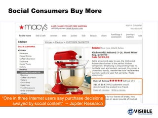 Social Consumers Buy More “ One in three Internet users say purchase decisions swayed by social content“  -- Jupiter Research 