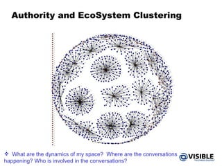 Authority and EcoSystem Clustering What are the dynamics of my space?  Where are the conversations happening? Who is involved in the conversations? 