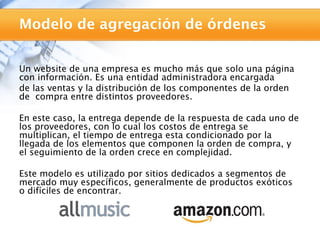Modelo de agregación de órdenes


Un website de una empresa es mucho más que solo una página
con información. Es una entidad administradora encargada
de las ventas y la distribución de los componentes de la orden
de compra entre distintos proveedores.

En este caso, la entrega depende de la respuesta de cada uno de
los proveedores, con lo cual los costos de entrega se
multiplican, el tiempo de entrega esta condicionado por la
llegada de los elementos que componen la orden de compra, y
el seguimiento de la orden crece en complejidad.

Este modelo es utilizado por sitios dedicados a segmentos de
mercado muy específicos, generalmente de productos exóticos
o difíciles de encontrar.
 