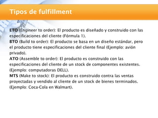 Tipos de fulfillment

ETO (Engineer to order): El producto es diseñado y construido con las
especificaciones del cliente (Fórmula 1).
BTO (Build to order): El producto se basa en un diseño estándar, pero
el producto tiene especificaciones del cliente final (Ejemplo: avión
privado).
ATO (Assemble to order): El producto es construido con las
especificaciones del cliente de un stock de componentes existentes.
(Ejemplo: computadoras DELL).
MTS (Make to stock): El producto es construido contra las ventas
proyectadas y vendido al cliente de un stock de bienes terminados.
(Ejemplo: Coca-Cola en Walmart).
 