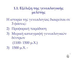1.1. Εξέλιξη της γενεαλογικής μελέτης Η ιστορία της γενεαλογίας διαιρείται σε 3 φάσεις: Προφορική παράδοση Μερική καταγραφή γενεαλογικών δέντρων (1100- 1500 μ.Χ.) 3)  1500 μ.Χ. -  
