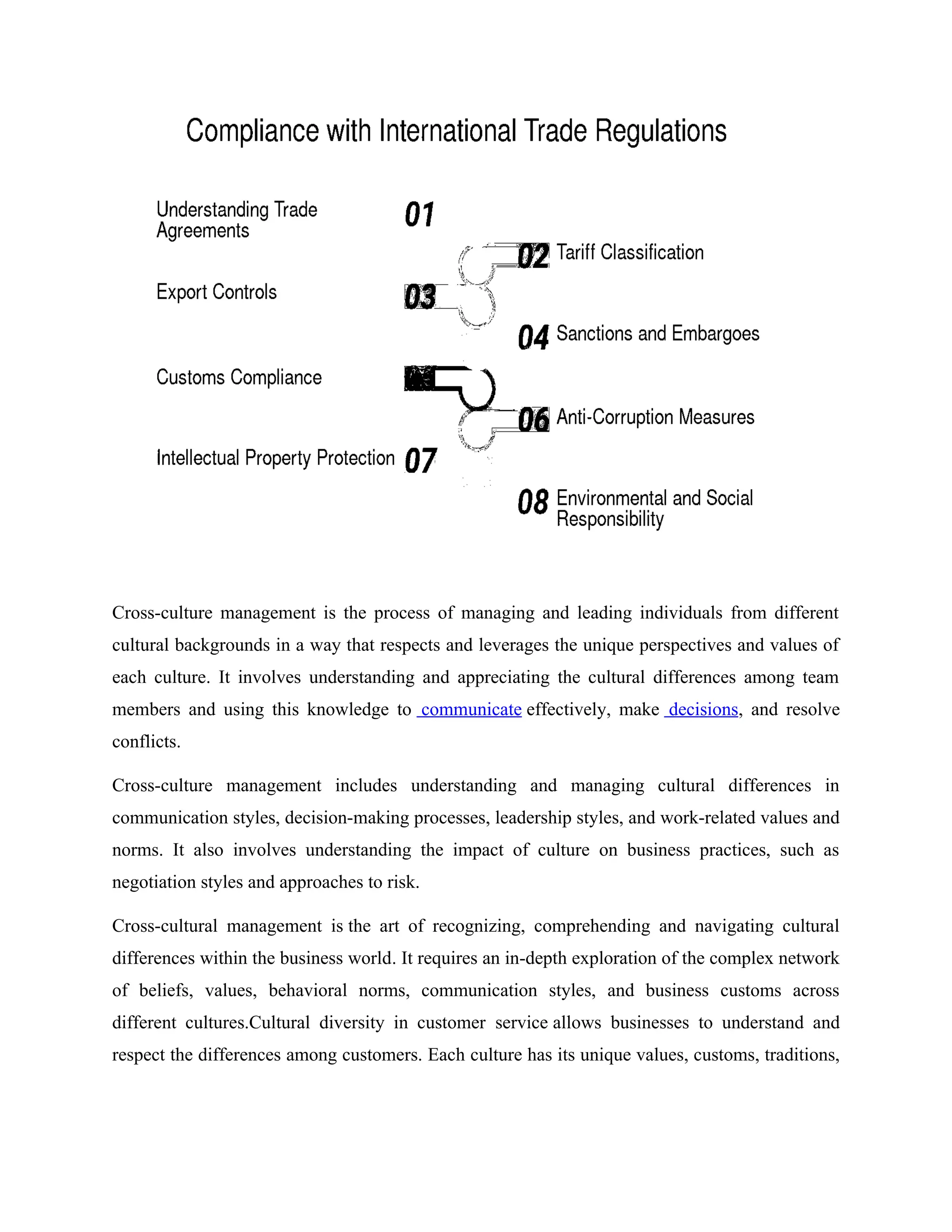 Cross-culture management is the process of managing and leading individuals from different
cultural backgrounds in a way that respects and leverages the unique perspectives and values of
each culture. It involves understanding and appreciating the cultural differences among team
members and using this knowledge to communicate effectively, make decisions, and resolve
conflicts.
Cross-culture management includes understanding and managing cultural differences in
communication styles, decision-making processes, leadership styles, and work-related values and
norms. It also involves understanding the impact of culture on business practices, such as
negotiation styles and approaches to risk.
Cross-cultural management is the art of recognizing, comprehending and navigating cultural
differences within the business world. It requires an in-depth exploration of the complex network
of beliefs, values, behavioral norms, communication styles, and business customs across
different cultures.Cultural diversity in customer service allows businesses to understand and
respect the differences among customers. Each culture has its unique values, customs, traditions,
 