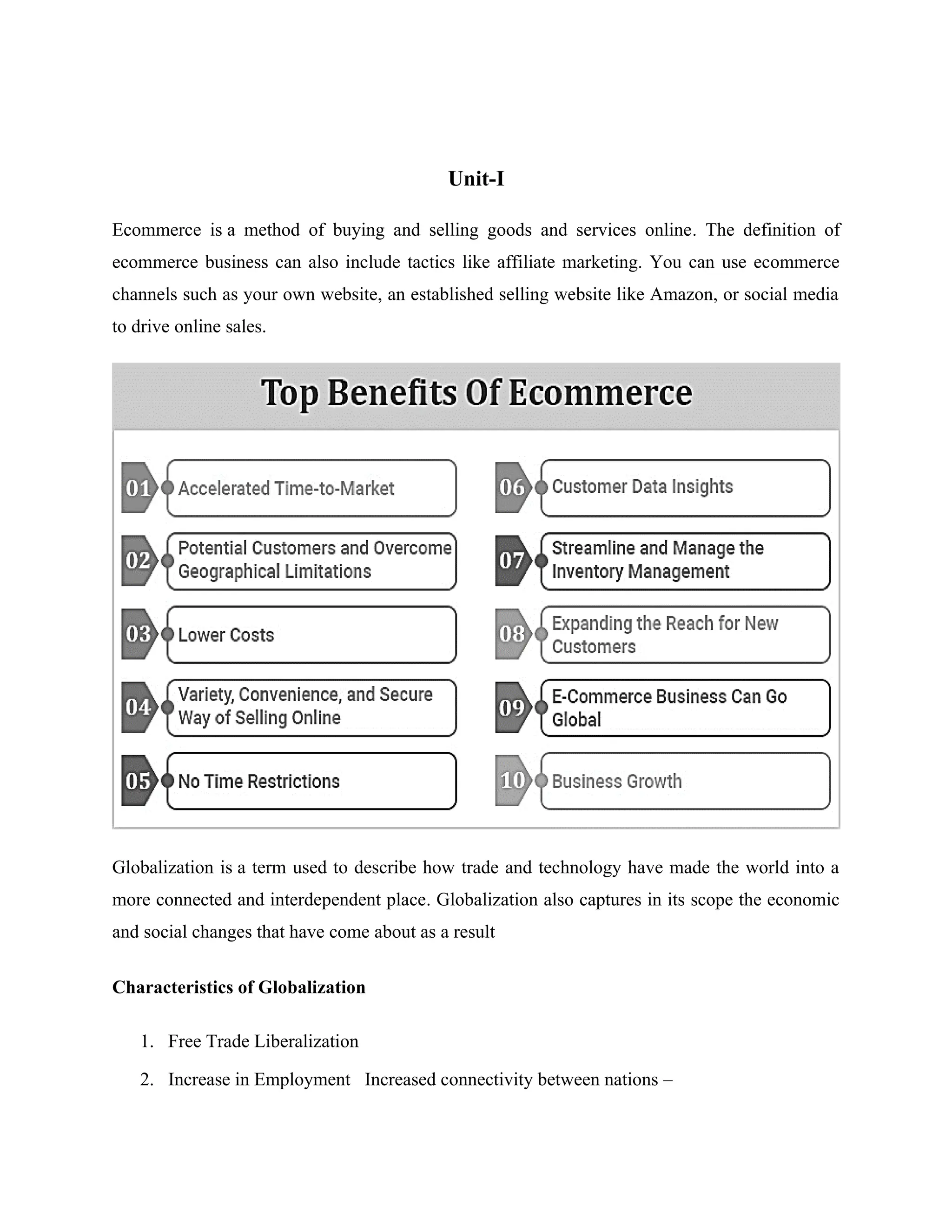 Unit-I
Ecommerce is a method of buying and selling goods and services online. The definition of
ecommerce business can also include tactics like affiliate marketing. You can use ecommerce
channels such as your own website, an established selling website like Amazon, or social media
to drive online sales.
Globalization is a term used to describe how trade and technology have made the world into a
more connected and interdependent place. Globalization also captures in its scope the economic
and social changes that have come about as a result
Characteristics of Globalization
1. Free Trade Liberalization
2. Increase in Employment Increased connectivity between nations –
 