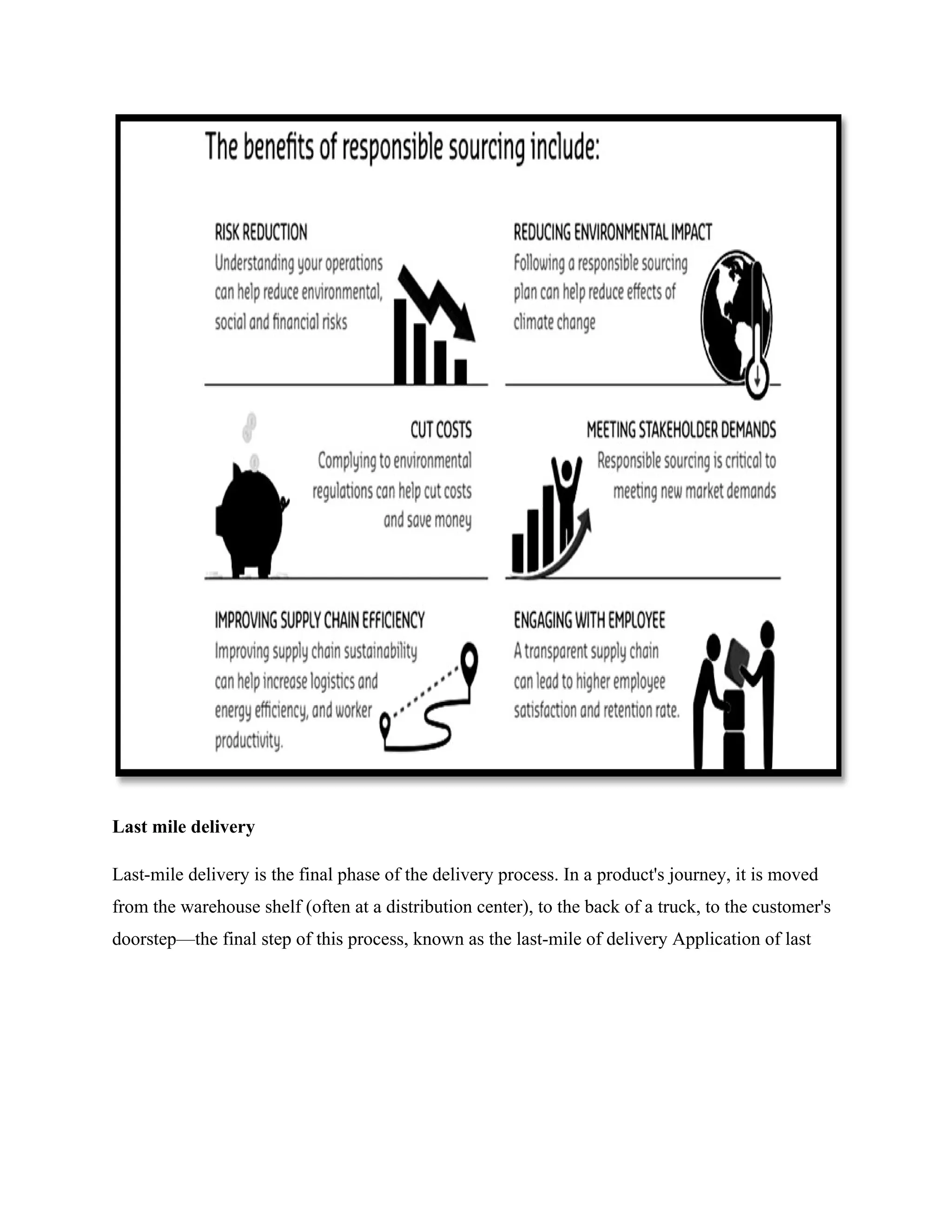 Last mile delivery
Last-mile delivery is the final phase of the delivery process. In a product's journey, it is moved
from the warehouse shelf (often at a distribution center), to the back of a truck, to the customer's
doorstep—the final step of this process, known as the last-mile of delivery Application of last
 