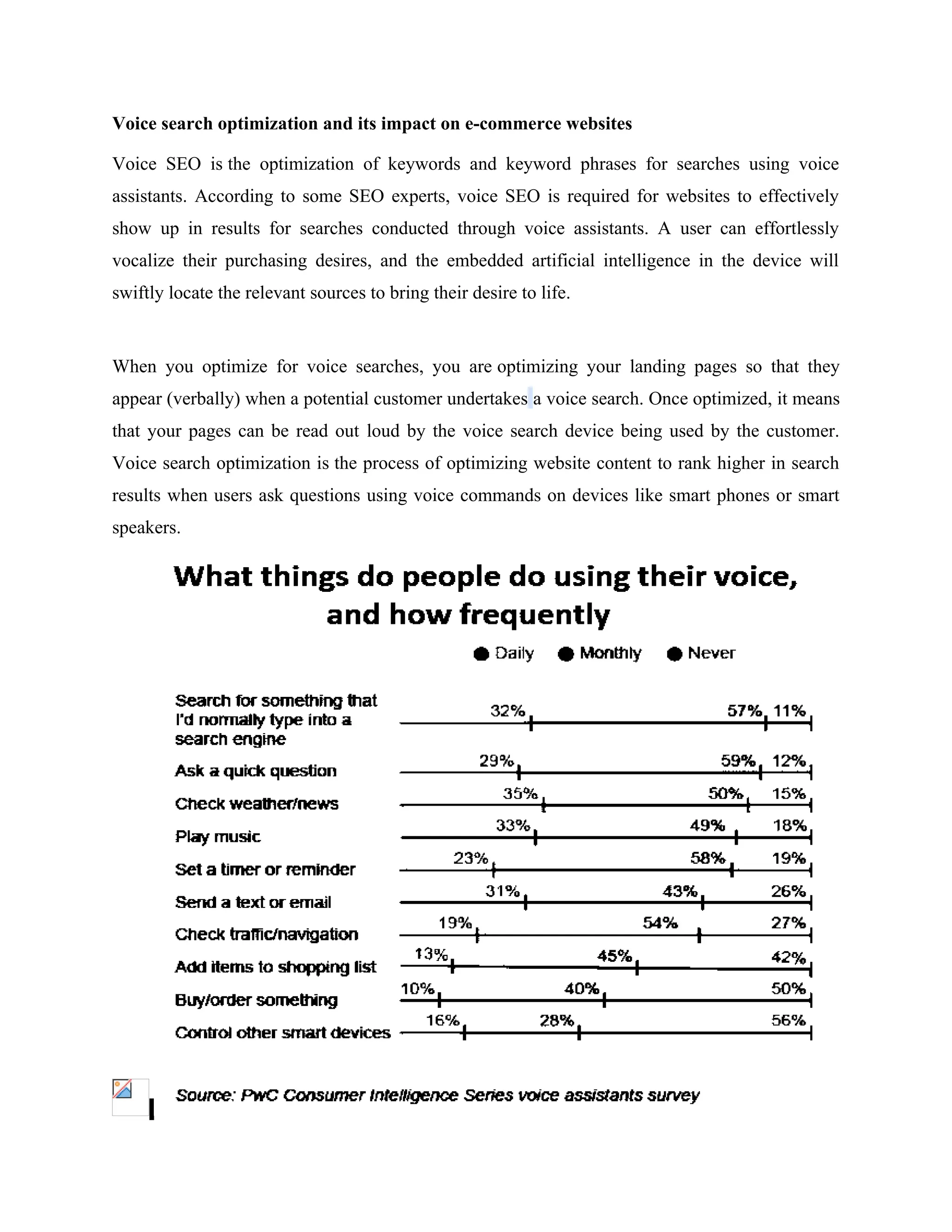 Voice search optimization and its impact on e-commerce websites
Voice SEO is the optimization of keywords and keyword phrases for searches using voice
assistants. According to some SEO experts, voice SEO is required for websites to effectively
show up in results for searches conducted through voice assistants. A user can effortlessly
vocalize their purchasing desires, and the embedded artificial intelligence in the device will
swiftly locate the relevant sources to bring their desire to life.
When you optimize for voice searches, you are optimizing your landing pages so that they
appear (verbally) when a potential customer undertakes a voice search. Once optimized, it means
that your pages can be read out loud by the voice search device being used by the customer.
Voice search optimization is the process of optimizing website content to rank higher in search
results when users ask questions using voice commands on devices like smart phones or smart
speakers.
 