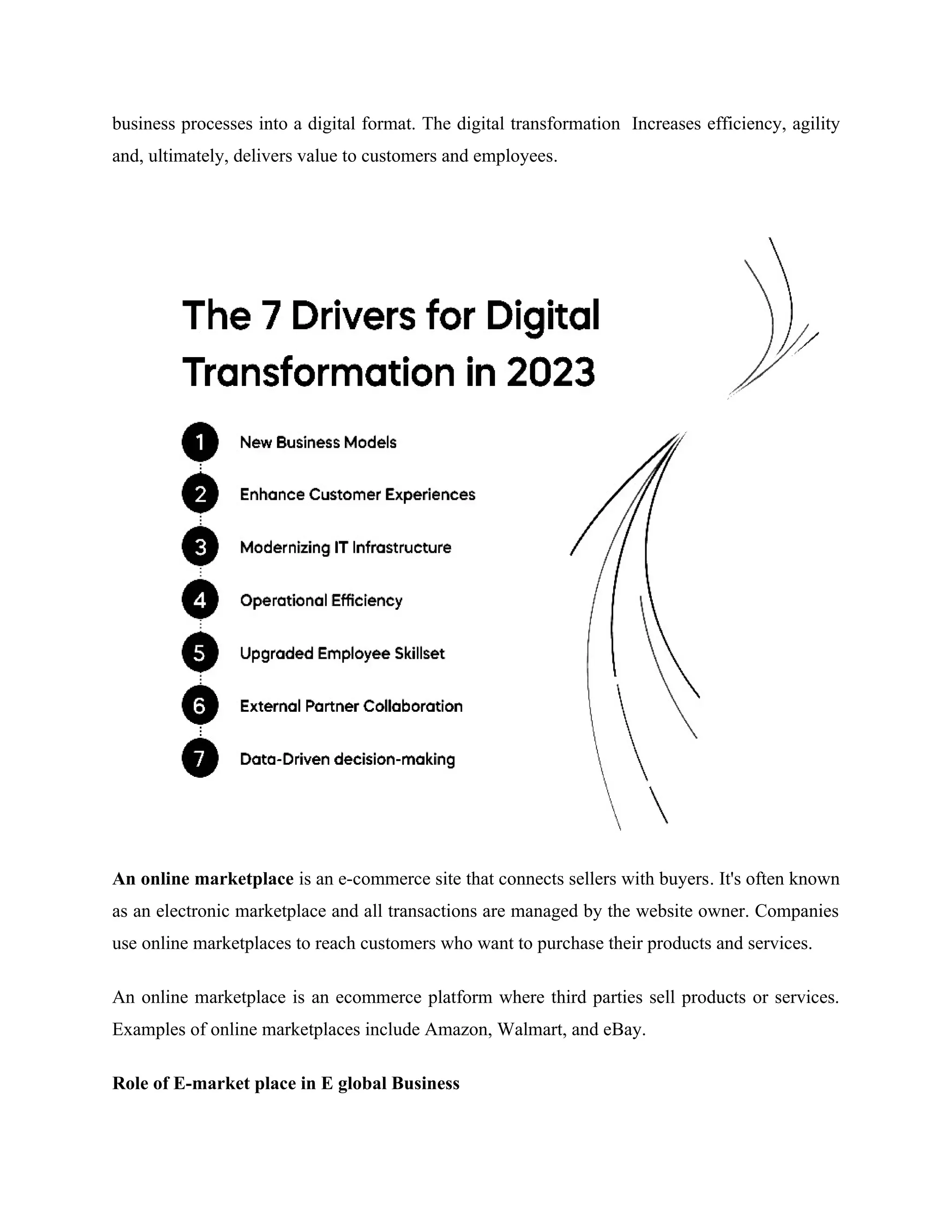 business processes into a digital format. The digital transformation Increases efficiency, agility
and, ultimately, delivers value to customers and employees.
An online marketplace is an e-commerce site that connects sellers with buyers. It's often known
as an electronic marketplace and all transactions are managed by the website owner. Companies
use online marketplaces to reach customers who want to purchase their products and services.
An online marketplace is an ecommerce platform where third parties sell products or services.
Examples of online marketplaces include Amazon, Walmart, and eBay.
Role of E-market place in E global Business
 