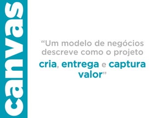 canvas
“Um modelo de negócios
descreve como o projeto
cria, entrega e captura
valor”
 