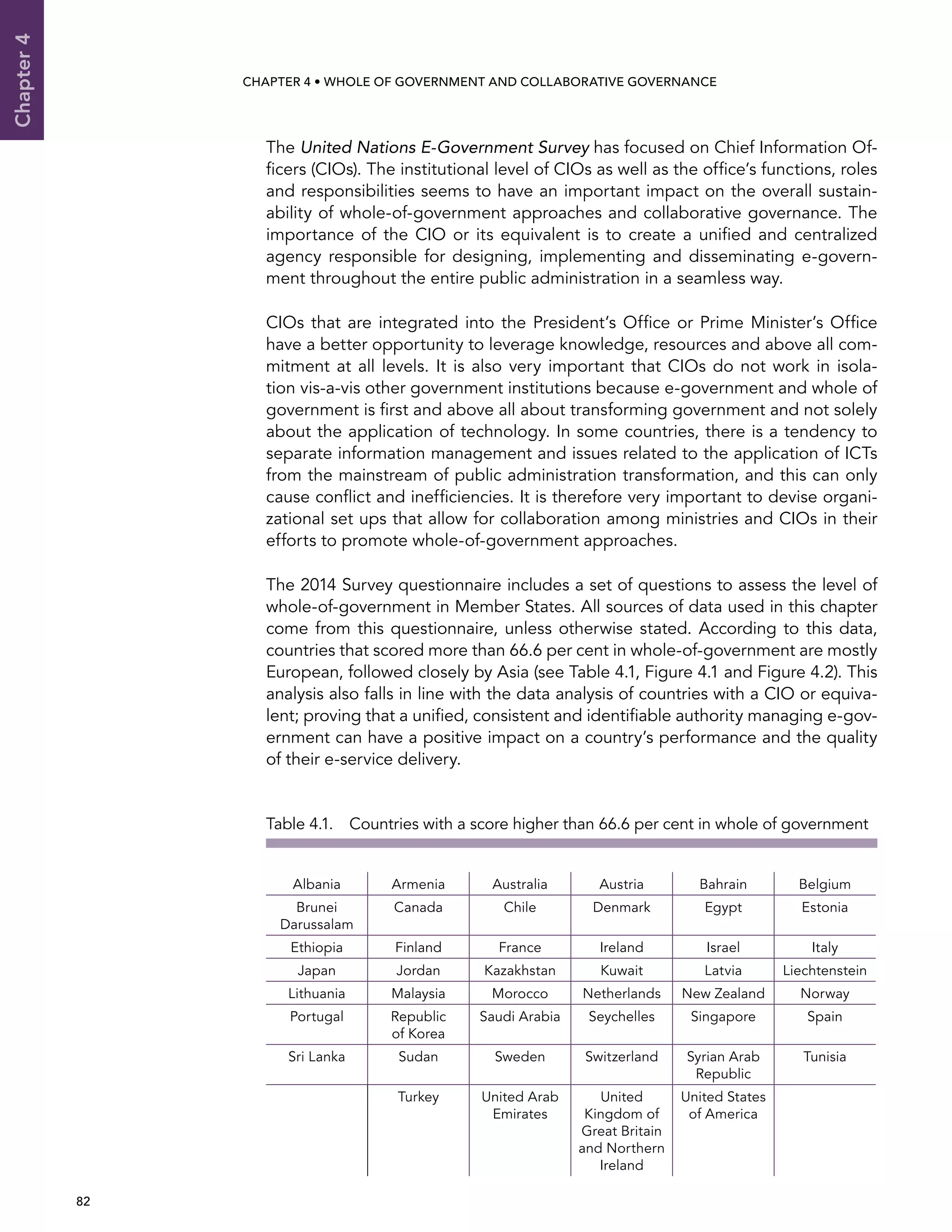  82 
Chapter4
CHAPTER 4 • Whole of Government AND Collaborative Governance
The United Nations E-Government Survey has focused on Chief Information Of-
ficers (CIOs). The institutional level of CIOs as well as the office’s functions, roles
and responsibilities seems to have an important impact on the overall sustain-
ability of whole-of-government approaches and collaborative governance. The
importance of the CIO or its equivalent is to create a unified and centralized
agency responsible for designing, implementing and disseminating e-govern-
ment throughout the entire public administration in a seamless way.
CIOs that are integrated into the President’s Office or Prime Minister’s Office
have a better opportunity to leverage knowledge, resources and above all com-
mitment at all levels. It is also very important that CIOs do not work in isola-
tion vis-a-vis other government institutions because e-government and whole of
government is first and above all about transforming government and not solely
about the application of technology. In some countries, there is a tendency to
separate information management and issues related to the application of ICTs
from the mainstream of public administration transformation, and this can only
cause conflict and inefficiencies. It is therefore very important to devise organi-
zational set ups that allow for collaboration among ministries and CIOs in their
efforts to promote whole-of-government approaches.
The 2014 Survey questionnaire includes a set of questions to assess the level of
whole-of-government in Member States. All sources of data used in this chapter
come from this questionnaire, unless otherwise stated. According to this data,
countries that scored more than 66.6 per cent in whole-of-government are mostly
European, followed closely by Asia (see Table 4.1, Figure 4.1 and Figure 4.2). This
analysis also falls in line with the data analysis of countries with a CIO or equiva-
lent; proving that a unified, consistent and identifiable authority managing e-gov-
ernment can have a positive impact on a country’s performance and the quality
of their e-service delivery.
Table 4.1.  Countries with a score higher than 66.6 per cent in whole of government
Albania Armenia Australia Austria Bahrain Belgium
Brunei
Darussalam
Canada Chile Denmark Egypt Estonia
Ethiopia Finland France Ireland Israel Italy
Japan Jordan Kazakhstan Kuwait Latvia Liechtenstein
Lithuania Malaysia Morocco Netherlands New Zealand Norway
Portugal Republic
of Korea
Saudi Arabia Seychelles Singapore Spain
Sri Lanka Sudan Sweden Switzerland Syrian Arab
Republic
Tunisia
Turkey United Arab
Emirates
United
Kingdom of
Great Britain
and Northern
Ireland
United States
of America
 