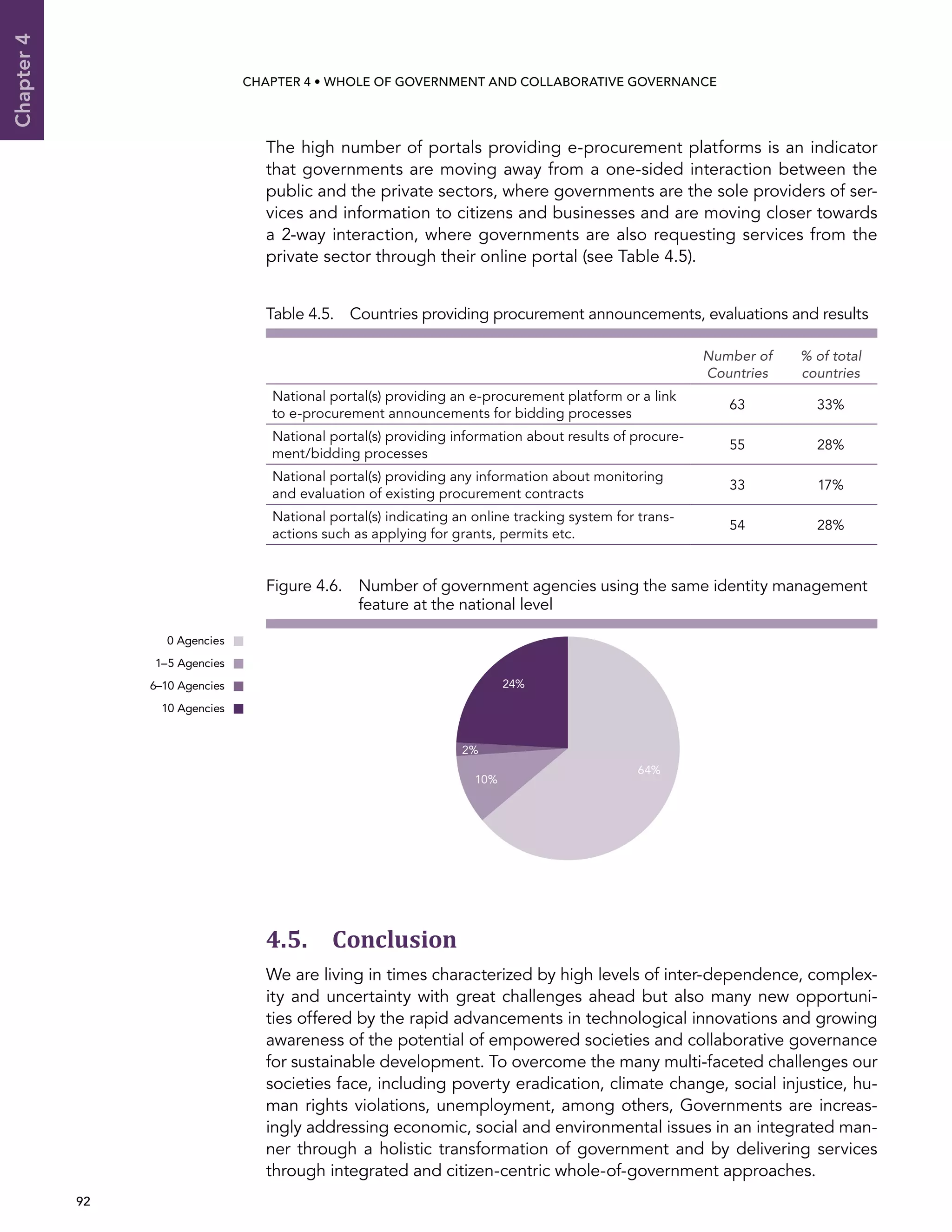  92 
Chapter4
CHAPTER 4 • Whole of Government AND Collaborative Governance
The high number of portals providing e-procurement platforms is an indicator
that governments are moving away from a one-sided interaction between the
public and the private sectors, where governments are the sole providers of ser-
vices and information to citizens and businesses and are moving closer towards
a 2-way interaction, where governments are also requesting services from the
private sector through their online portal (see Table 4.5).
Table 4.5.  Countries providing procurement announcements, evaluations and results
Number of
Countries
% of total
countries
National portal(s) providing an e-procurement platform or a link
to e-procurement announcements for bidding processes
63 33%
National portal(s) providing information about results of procure-
ment/bidding processes
55 28%
National portal(s) providing any information about monitoring
and evaluation of existing procurement contracts
33 17%
National portal(s) indicating an online tracking system for trans-
actions such as applying for grants, permits etc.
54 28%
4.5. Conclusion
We are living in times characterized by high levels of inter-dependence, complex-
ity and uncertainty with great challenges ahead but also many new opportuni-
ties offered by the rapid advancements in technological innovations and growing
awareness of the potential of empowered societies and collaborative governance
for sustainable development. To overcome the many multi-faceted challenges our
societies face, including poverty eradication, climate change, social injustice, hu-
man rights violations, unemployment, among others, Governments are increas-
ingly addressing economic, social and environmental issues in an integrated man-
ner through a holistic transformation of government and by delivering services
through integrated and citizen-centric whole-of-government approaches.
Figure 4.6. Number of government agencies using the same identity management
feature at the national level
2%
24%
10%
64%
0 Agencies
1–5 Agencies
6–10 Agencies
10 Agencies
 
