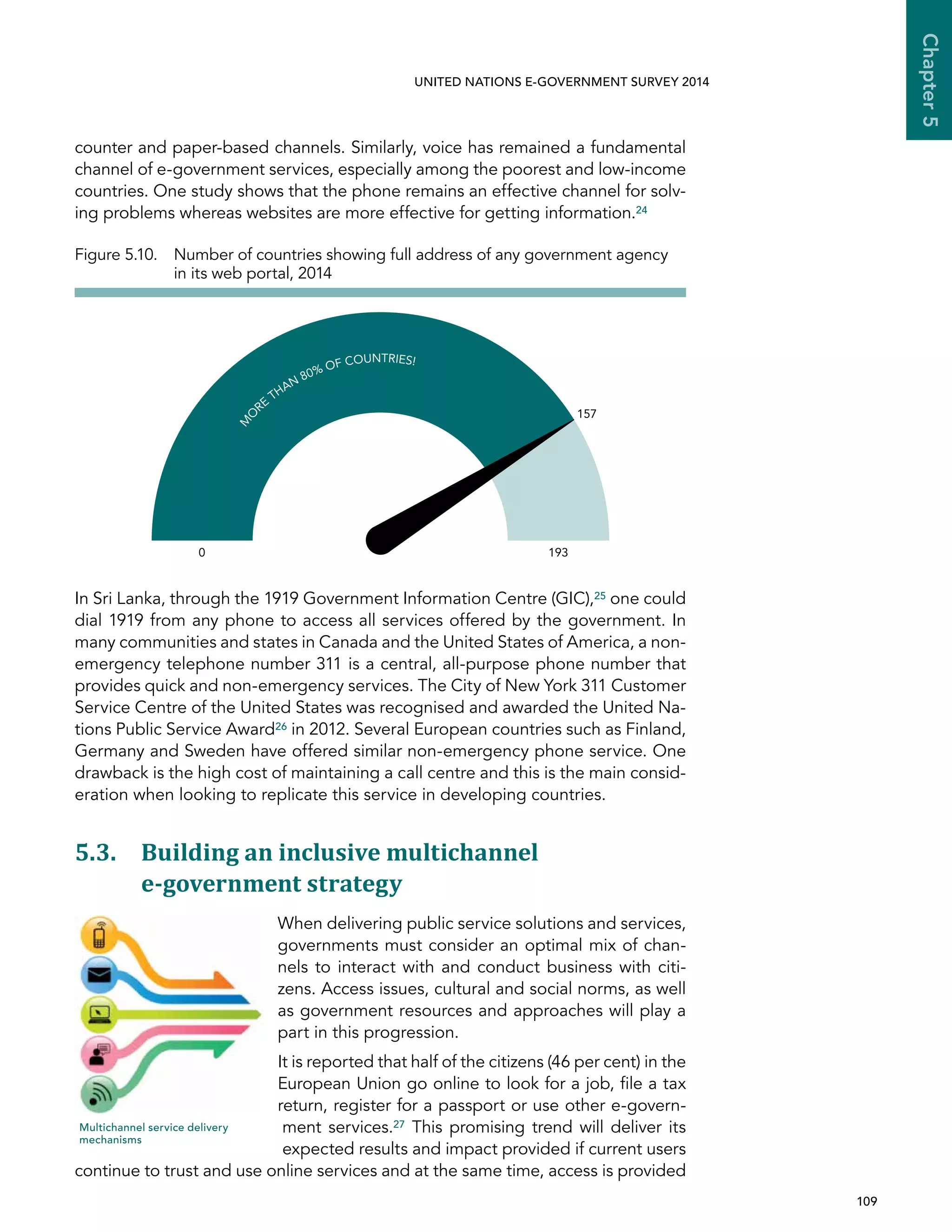   109 
Chapter5
UNITED NATIONS E-GOVERNMENT SURVEY 2014
counter and paper-based channels. Similarly, voice has remained a fundamental
channel of e-government services, especially among the poorest and low-income
countries. One study shows that the phone remains an effective channel for solv-
ing problems whereas websites are more effective for getting information.24
In Sri Lanka, through the 1919 Government Information Centre (GIC),25 one could
dial 1919 from any phone to access all services offered by the government. In
many communities and states in Canada and the United States of America, a non-
emergency telephone number 311 is a central, all-purpose phone number that
provides quick and non-emergency services. The City of New York 311 Customer
Service Centre of the United States was recognised and awarded the United Na-
tions Public Service Award26 in 2012. Several European countries such as Finland,
Germany and Sweden have offered similar non-emergency phone service. One
drawback is the high cost of maintaining a call centre and this is the main consid-
eration when looking to replicate this service in developing countries.
5.3. Building an inclusive multichannel
e-government strategy
When delivering public service solutions and services,
governments must consider an optimal mix of chan-
nels to interact with and conduct business with citi-
zens. Access issues, cultural and social norms, as well
as government resources and approaches will play a
part in this progression.
It is reported that half of the citizens (46 per cent) in the
European Union go online to look for a job, file a tax
return, register for a passport or use other e-govern-
ment services.27 This promising trend will deliver its
expected results and impact provided if current users
continue to trust and use online services and at the same time, access is provided
0 193
157
M
O
RE
THAN
80% OF COUNTRIES!
Figure 5.10. Number of countries showing full address of any government agency
in its web portal, 2014
Multichannel service delivery
mechanisms
 