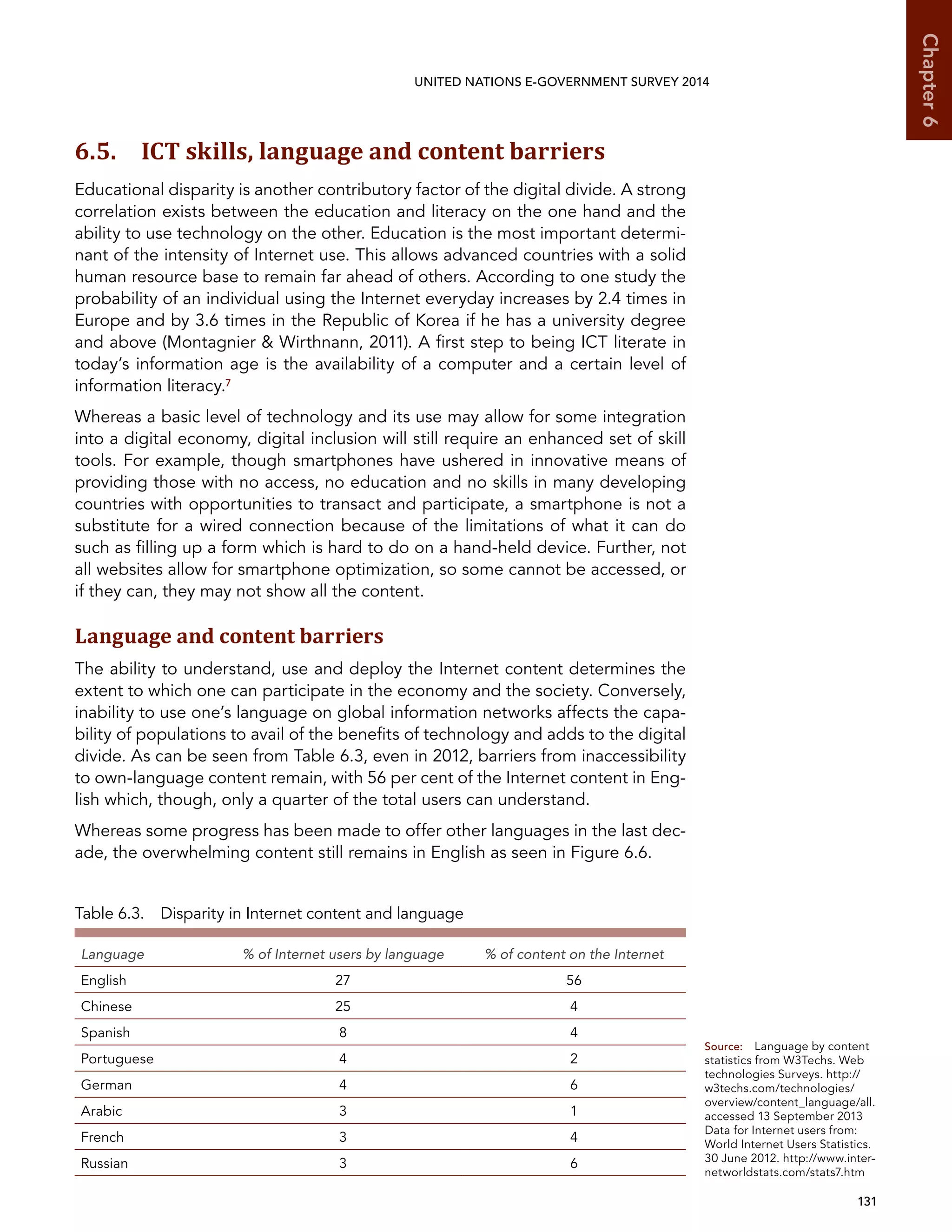   131 
Chapter6
UNITED NATIONS E-GOVERNMENT SURVEY 2014
6.5. ICT skills, language and content barriers
Educational disparity is another contributory factor of the digital divide. A strong
correlation exists between the education and literacy on the one hand and the
ability to use technology on the other. Education is the most important determi-
nant of the intensity of Internet use. This allows advanced countries with a solid
human resource base to remain far ahead of others. According to one study the
probability of an individual using the Internet everyday increases by 2.4 times in
Europe and by 3.6 times in the Republic of Korea if he has a university degree
and above (Montagnier  Wirthnann, 2011). A first step to being ICT literate in
today’s information age is the availability of a computer and a certain level of
information literacy.7
Whereas a basic level of technology and its use may allow for some integration
into a digital economy, digital inclusion will still require an enhanced set of skill
tools. For example, though smartphones have ushered in innovative means of
providing those with no access, no education and no skills in many developing
countries with opportunities to transact and participate, a smartphone is not a
substitute for a wired connection because of the limitations of what it can do
such as filling up a form which is hard to do on a hand-held device. Further, not
all websites allow for smartphone optimization, so some cannot be accessed, or
if they can, they may not show all the content.
Language and content barriers
The ability to understand, use and deploy the Internet content determines the
extent to which one can participate in the economy and the society. Conversely,
inability to use one’s language on global information networks affects the capa-
bility of populations to avail of the benefits of technology and adds to the digital
divide. As can be seen from Table 6.3, even in 2012, barriers from inaccessibility
to own-language content remain, with 56 per cent of the Internet content in Eng-
lish which, though, only a quarter of the total users can understand.
Whereas some progress has been made to offer other languages in the last dec-
ade, the overwhelming content still remains in English as seen in Figure 6.6.
Table 6.3.  Disparity in Internet content and language
Language % of Internet users by language % of content on the Internet
English 27 56
Chinese 25 4
Spanish 8 4
Portuguese 4 2
German 4 6
Arabic 3 1
French 3 4
Russian 3 6
Source:	 Language by content
statistics from W3Techs. Web
technologies Surveys. http://
w3techs.com/technologies/
overview/content_language/all.
accessed 13 September 2013
Data for Internet users from:
World Internet Users Statistics.
30 June 2012. http://www.inter-
networldstats.com/stats7.htm
 