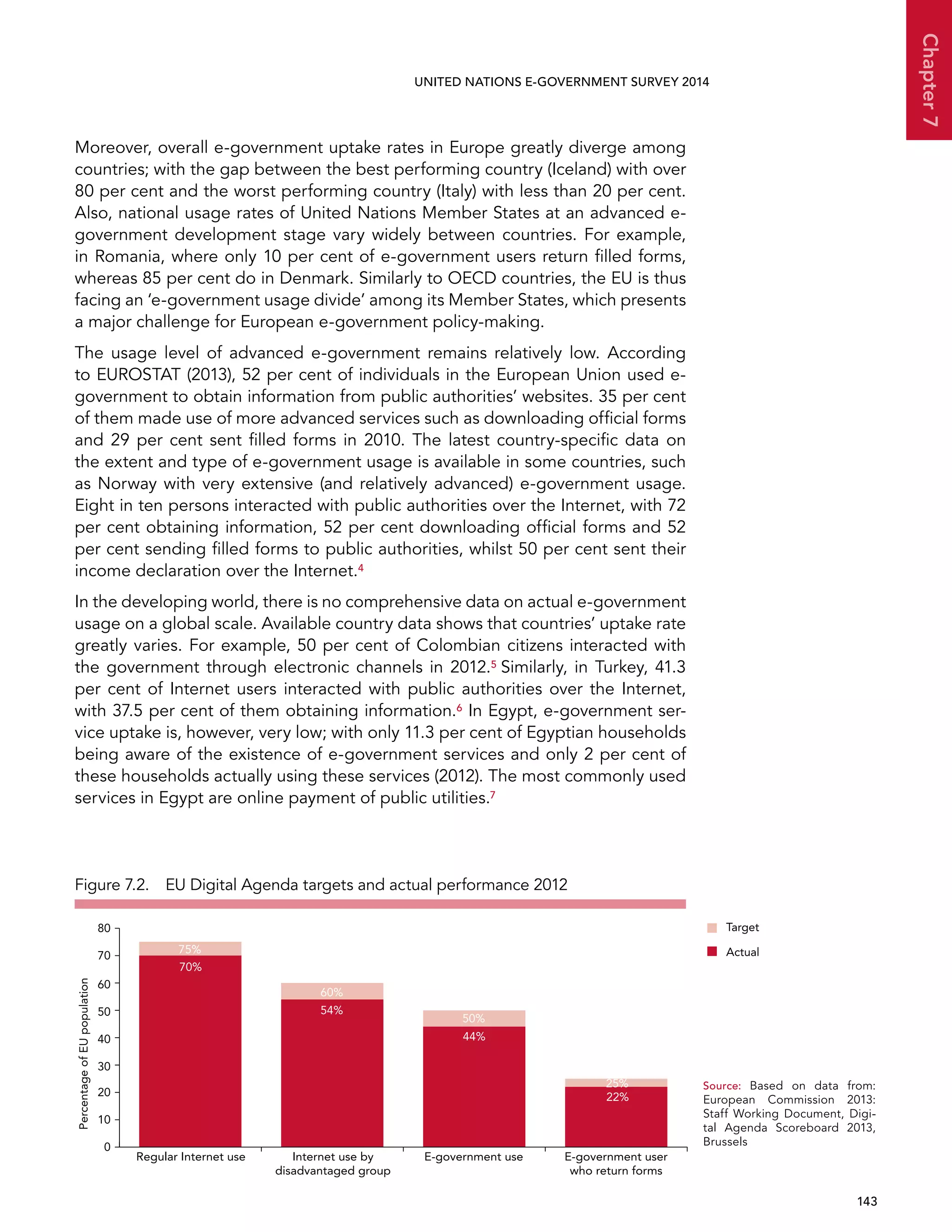   143 
Chapter7
UNITED NATIONS E-GOVERNMENT SURVEY 2014
Moreover, overall e-government uptake rates in Europe greatly diverge among
countries; with the gap between the best performing country (Iceland) with over
80 per cent and the worst performing country (Italy) with less than 20 per cent.
Also, national usage rates of United Nations Member States at an advanced e-
government development stage vary widely between countries. For example,
in Romania, where only 10 per cent of e-government users return filled forms,
whereas 85 per cent do in Denmark. Similarly to OECD countries, the EU is thus
facing an ‘e-government usage divide’ among its Member States, which presents
a major challenge for European e-government policy-making.
The usage level of advanced e-government remains relatively low. According
to EUROSTAT (2013), 52 per cent of individuals in the European Union used e-
government to obtain information from public authorities’ websites. 35 per cent
of them made use of more advanced services such as downloading official forms
and 29 per cent sent filled forms in 2010. The latest country-specific data on
the extent and type of e-government usage is available in some countries, such
as Norway with very extensive (and relatively advanced) e-government usage.
Eight in ten persons interacted with public authorities over the Internet, with 72
per cent obtaining information, 52 per cent downloading official forms and 52
per cent sending filled forms to public authorities, whilst 50 per cent sent their
income declaration over the Internet.4
In the developing world, there is no comprehensive data on actual e-government
usage on a global scale. Available country data shows that countries’ uptake rate
greatly varies. For example, 50 per cent of Colombian citizens interacted with
the government through electronic channels in 2012.5 Similarly, in Turkey, 41.3
per cent of Internet users interacted with public authorities over the Internet,
with 37.5 per cent of them obtaining information.6 In Egypt, e-government ser-
vice uptake is, however, very low; with only 11.3 per cent of Egyptian households
being aware of the existence of e-government services and only 2 per cent of
these households actually using these services (2012). The most commonly used
services in Egypt are online payment of public utilities.7
PercentageofEUpopulation
Regular Internet use Internet use by
disadvantaged group
E-government use E-government user
who return forms
0
10
20
30
40
50
60
70
80 Target
Actual75%
70%
60%
54%
50%
44%
25%
22%
Figure 7.2. EU Digital Agenda targets and actual performance 2012
Source:	Based on data from:
European Commission 2013:
Staff Working Document, Digi-
tal Agenda Scoreboard 2013,
Brussels
 