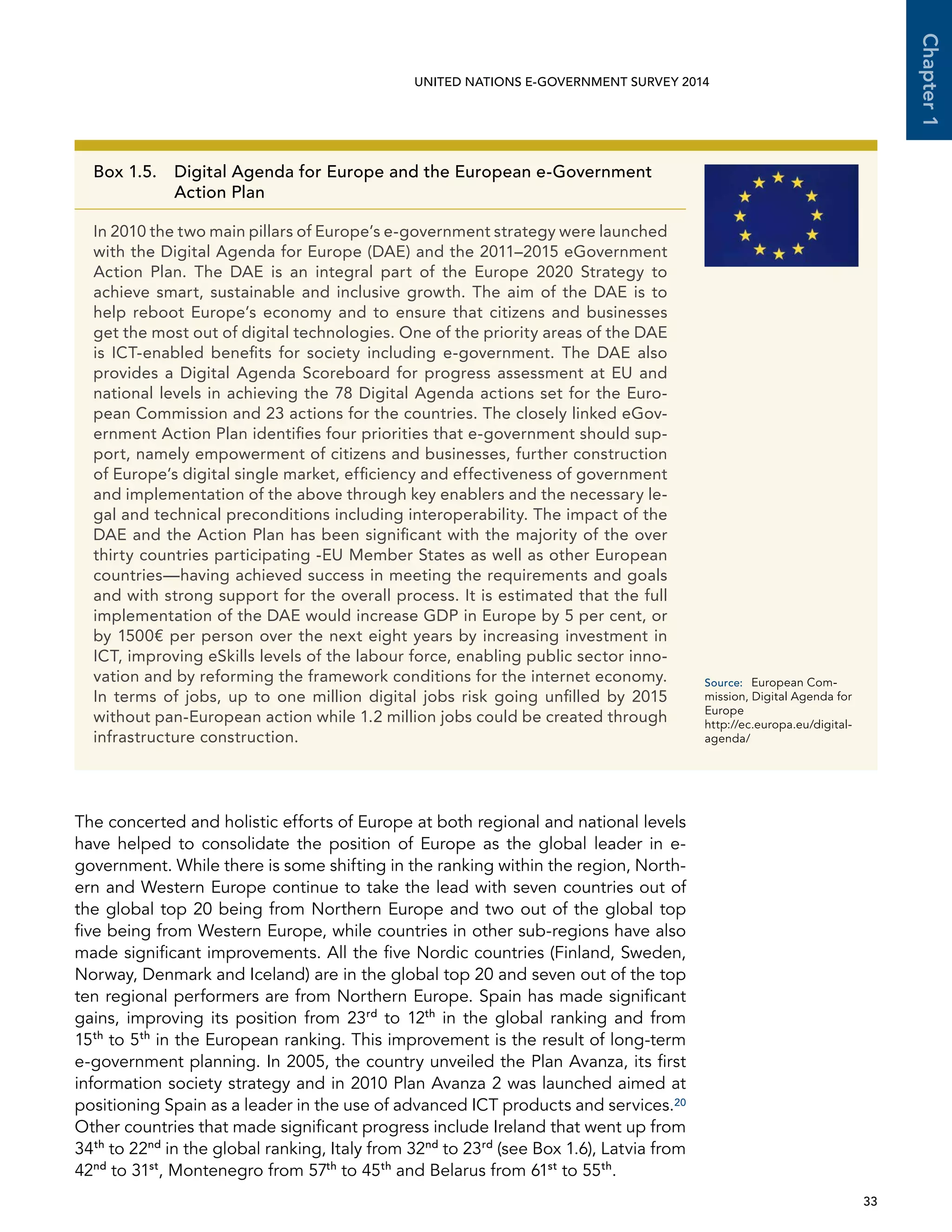   33 
Chapter1
UNITED NATIONS E-GOVERNMENT SURVEY 2014
The concerted and holistic efforts of Europe at both regional and national levels
have helped to consolidate the position of Europe as the global leader in e-
government. While there is some shifting in the ranking within the region, North-
ern and Western Europe continue to take the lead with seven countries out of
the global top 20 being from Northern Europe and two out of the global top
five being from Western Europe, while countries in other sub-regions have also
made significant improvements. All the five Nordic countries (Finland, Sweden,
Norway, Denmark and Iceland) are in the global top 20 and seven out of the top
ten regional performers are from Northern Europe. Spain has made significant
gains, improving its position from 23rd
to 12th
in the global ranking and from
15th
to 5th
in the European ranking. This improvement is the result of long-term
e-government planning. In 2005, the country unveiled the Plan Avanza, its first
information society strategy and in 2010 Plan Avanza 2 was launched aimed at
positioning Spain as a leader in the use of advanced ICT products and services.20
Other countries that made significant progress include Ireland that went up from
34th
to 22nd
in the global ranking, Italy from 32nd
to 23rd
(see Box 1.6), Latvia from
42nd
to 31st
, Montenegro from 57th
to 45th
and Belarus from 61st
to 55th
.
Box 1.5. Digital Agenda for Europe and the European e-Government
Action Plan
In 2010 the two main pillars of Europe’s e-government strategy were launched
with the Digital Agenda for Europe (DAE) and the 2011–2015 eGovernment
Action Plan. The DAE is an integral part of the Europe 2020 Strategy to
achieve smart, sustainable and inclusive growth. The aim of the DAE is to
help reboot Europe’s economy and to ensure that citizens and businesses
get the most out of digital technologies. One of the priority areas of the DAE
is ICT-enabled benefits for society including e-government. The DAE also
provides a Digital Agenda Scoreboard for progress assessment at EU and
national levels in achieving the 78 Digital Agenda actions set for the Euro-
pean Commission and 23 actions for the countries. The closely linked eGov-
ernment Action Plan identifies four priorities that e-government should sup-
port, namely empowerment of citizens and businesses, further construction
of Europe’s digital single market, efficiency and effectiveness of government
and implementation of the above through key enablers and the necessary le-
gal and technical preconditions including interoperability. The impact of the
DAE and the Action Plan has been significant with the majority of the over
thirty countries participating -EU Member States as well as other European
countries—having achieved success in meeting the requirements and goals
and with strong support for the overall process. It is estimated that the full
implementation of the DAE would increase GDP in Europe by 5 per cent, or
by 1500€ per person over the next eight years by increasing investment in
ICT, improving eSkills levels of the labour force, enabling public sector inno-
vation and by reforming the framework conditions for the internet economy.
In terms of jobs, up to one million digital jobs risk going unfilled by 2015
without pan-European action while 1.2 million jobs could be created through
infrastructure construction.
Source:	 European Com-
mission, Digital Agenda for
Europe
http://ec.europa.eu/digital-
agenda/
 