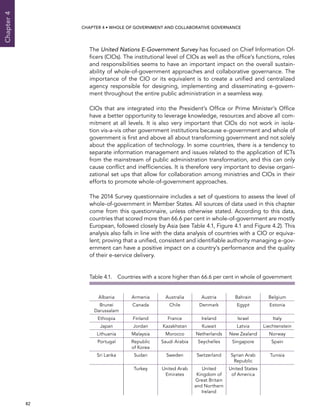  82 
Chapter4
CHAPTER 4 • Whole of Government AND Collaborative Governance
The United Nations E-Government Survey has focused on Chief Information Of-
ficers (CIOs). The institutional level of CIOs as well as the office’s functions, roles
and responsibilities seems to have an important impact on the overall sustain-
ability of whole-of-government approaches and collaborative governance. The
importance of the CIO or its equivalent is to create a unified and centralized
agency responsible for designing, implementing and disseminating e-govern-
ment throughout the entire public administration in a seamless way.
CIOs that are integrated into the President’s Office or Prime Minister’s Office
have a better opportunity to leverage knowledge, resources and above all com-
mitment at all levels. It is also very important that CIOs do not work in isola-
tion vis-a-vis other government institutions because e-government and whole of
government is first and above all about transforming government and not solely
about the application of technology. In some countries, there is a tendency to
separate information management and issues related to the application of ICTs
from the mainstream of public administration transformation, and this can only
cause conflict and inefficiencies. It is therefore very important to devise organi-
zational set ups that allow for collaboration among ministries and CIOs in their
efforts to promote whole-of-government approaches.
The 2014 Survey questionnaire includes a set of questions to assess the level of
whole-of-government in Member States. All sources of data used in this chapter
come from this questionnaire, unless otherwise stated. According to this data,
countries that scored more than 66.6 per cent in whole-of-government are mostly
European, followed closely by Asia (see Table 4.1, Figure 4.1 and Figure 4.2). This
analysis also falls in line with the data analysis of countries with a CIO or equiva-
lent; proving that a unified, consistent and identifiable authority managing e-gov-
ernment can have a positive impact on a country’s performance and the quality
of their e-service delivery.
Table 4.1.  Countries with a score higher than 66.6 per cent in whole of government
Albania Armenia Australia Austria Bahrain Belgium
Brunei
Darussalam
Canada Chile Denmark Egypt Estonia
Ethiopia Finland France Ireland Israel Italy
Japan Jordan Kazakhstan Kuwait Latvia Liechtenstein
Lithuania Malaysia Morocco Netherlands New Zealand Norway
Portugal Republic
of Korea
Saudi Arabia Seychelles Singapore Spain
Sri Lanka Sudan Sweden Switzerland Syrian Arab
Republic
Tunisia
Turkey United Arab
Emirates
United
Kingdom of
Great Britain
and Northern
Ireland
United States
of America
 
