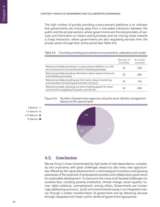  92 
Chapter4
CHAPTER 4 • Whole of Government AND Collaborative Governance
The high number of portals providing e-procurement platforms is an indicator
that governments are moving away from a one-sided interaction between the
public and the private sectors, where governments are the sole providers of ser-
vices and information to citizens and businesses and are moving closer towards
a 2-way interaction, where governments are also requesting services from the
private sector through their online portal (see Table 4.5).
Table 4.5.  Countries providing procurement announcements, evaluations and results
Number of
Countries
% of total
countries
National portal(s) providing an e-procurement platform or a link
to e-procurement announcements for bidding processes
63 33%
National portal(s) providing information about results of procure-
ment/bidding processes
55 28%
National portal(s) providing any information about monitoring
and evaluation of existing procurement contracts
33 17%
National portal(s) indicating an online tracking system for trans-
actions such as applying for grants, permits etc.
54 28%
4.5. Conclusion
We are living in times characterized by high levels of inter-dependence, complex-
ity and uncertainty with great challenges ahead but also many new opportuni-
ties offered by the rapid advancements in technological innovations and growing
awareness of the potential of empowered societies and collaborative governance
for sustainable development. To overcome the many multi-faceted challenges our
societies face, including poverty eradication, climate change, social injustice, hu-
man rights violations, unemployment, among others, Governments are increas-
ingly addressing economic, social and environmental issues in an integrated man-
ner through a holistic transformation of government and by delivering services
through integrated and citizen-centric whole-of-government approaches.
Figure 4.6. Number of government agencies using the same identity management
feature at the national level
2%
24%
10%
64%
0 Agencies
1–5 Agencies
6–10 Agencies
10 Agencies
 