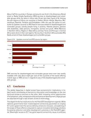   139 
Chapter6
UNITED NATIONS E-GOVERNMENT SURVEY 2014
About half the countries in Europe and around one third in the Americas offered
email or Really Simple Syndication (RSS) services to disadvantaged and vulner-
able groups while the same in Africa was 19 per cent (see Figure 6.14). Among
the sub regions of Africa, six countries in Eastern Africa—Kenya, Mauritius, Mo-
zambique, Rwanda, Tanzania and Zimbabwe—offer the user the option to sub-
scribe to updates via email or RSS feed on services related to disadvantaged and
vulnerable groups, namely people living in poverty, illiterate persons, persons
with disabilities, older persons, immigrants, women and youth. While Morocco
in Northern Africa, Nigeria in West Africa and Sao Tome and Principe in Central
Africa were alone in their sub regions. No country in Southern Africa provides RSS
feeds aimed at these disadvantaged and vulnerable groups.
SMS services for disadvantaged and vulnerable groups were even less readily
available with only about eight per cent of the countries of the world offering
mobile apps or SMS service in regards to any of the disadvantaged and vulner-
able groups.
6.7. Conclusion
The global disparities in digital access have socioeconomic implications in to-
day’s world, contributing to barriers to information and knowledge on the one
hand and access to services on the other. With increasing online opportunities
of employment, jobs, entrepreneurship and personal development, large groups
are deprived through a lack of basic access to technology.
The digital divide has implications for the Post-2015 development agenda. While
national governments have moved beyond connectivity parameters to employ
ICT and e-government for service delivery aimed at e-inclusion, a broadening of
the scope of these efforts is required to capture innovative technology solutions
for poverty reduction and other development outcomes in the Post-2015 agen-
da. Meaningful access to ICT has gone beyond connectivity issues to embrace
Figure 6.14.  Updates via email and RSS source, by region
14
19
23
29
49
0 10 20 30 40 50
Oceania
Africa
Asia
Americas
Europe
Percentage of countries
 