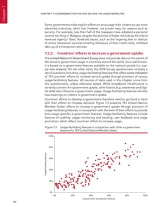  144 
Chapter7
CHAPTER 7 • E-Government for the post-2015 era: the usage perspective
Some governments make explicit efforts to encourage their citizens to use more
advanced e-services, which has, however, not proven easy, for reasons such as
security. For example, less than half of the taxpayers have adopted e-personal
income tax filing in Malaysia, despite the promise of faster refunds by the Inland
revenues agency.8 Basic threshold issues, such as the lingering fear or distrust
of online transaction services entailing disclosure of their credit cards, inhibited
take-up of e-transaction services.
7.2.2. Countries’ efforts to increase e-government uptake
The United Nations E-Government Survey does not provide data on the extent of
the actual e-government usage in countries around the world. As is well known,
it is based on e-government features available on the national portals (i.e. sup-
ply side analysis). On the other hand, the 2014 Survey questionnaire includes a
set of questions (including usage-facilitating features) that offers some indication
of 193 countries’ efforts to increase service uptake through provision of various
usage-facilitating features. All sources of data used in this chapter come from
this questionnaire, unless otherwise stated. While broadband infrastructure is
certainly a driver of e-government uptake, other factors (e.g. awareness and digi-
tal skills) also influence e-government usage. Usage-facilitating features will also
have bearings on citizens’ e-government uptake.
Countries’ efforts to develop e-government therefore need to go hand in hand
with their efforts to increase demand. Figure 7.3 presents 193 United Nations
Member States’ efforts to increase e-government uptake through provision of
usage-facilitating features; in comparison with the level of their efforts to provide
(non-usage specific) e-government features. Usage-facilitating features include
features of usability, usage monitoring and tracking, user feedback and usage
promotion; which reflect countries’ efforts to increase usage.
Figure 7.3. Usage-facilitating features in comparison with other e-government
features for 193 United Nations Member States
0% 20% 40% 60% 80% 100%
0%
20%
40%
60%
80%
100%
Usage-facilitatingfeatures
E-government development features
 