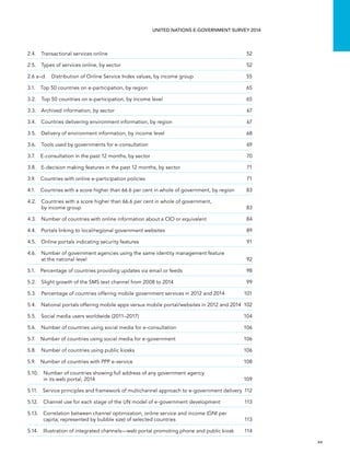   xv 
UNITED NATIONS E-GOVERNMENT SURVEY 2014
2.4.  Transactional services online	 52
2.5.  Types of services online, by sector	 52
2.6 a–d.  Distribution of Online Service Index values, by income group	 55
3.1.  Top 50 countries on e-participation, by region	 65
3.2.  Top 50 countries on e-participation, by income level	 65
3.3.  Archived information, by sector	 67
3.4.  Countries delivering environment information, by region	 67
3.5.  Delivery of environment information, by income level	 68
3.6.  Tools used by governments for e-consultation	 69
3.7.  E-consultation in the past 12 months, by sector	 70
3.8.  E-decision making features in the past 12 months, by sector	 71
3.9.  Countries with online e-participation policies	 71
4.1. Countries with a score higher than 66.6 per cent in whole of government, by region	 83
4.2. Countries with a score higher than 66.6 per cent in whole of government,
by income group	 83
4.3.  Number of countries with online information about a CIO or equivalent	 84
4.4.  Portals linking to local/regional government websites	 89
4.5.  Online portals indicating security features	 91
4.6. Number of government agencies using the same identity management feature
at the national level	 92
5.1.  Percentage of countries providing updates via email or feeds	 98
5.2.  Slight growth of the SMS text channel from 2008 to 2014	 99
5.3. Percentage of countries offering mobile government services in 2012 and 2014	 101
5.4. National portals offering mobile apps versus mobile portal/websites in 2012 and 2014	 102
5.5.  Social media users worldwide (2011–2017)	 104
5.6.  Number of countries using social media for e-consultation	 106
5.7.  Number of countries using social media for e-government	 106
5.8.  Number of countries using public kiosks	 106
5.9.  Number of countries with PPP e-service	 108
5.10. Number of countries showing full address of any government agency
in its web portal, 2014	 109
5.11. Service principles and framework of multichannel approach to e-government delivery	 112
5.12. Channel use for each stage of the UN model of e-government development	 113
5.13. Correlation between channel optimization, online service and income (GNI per
capita; represented by bubble size) of selected countries	 113
5.14. Illustration of integrated channels—web portal promoting phone and public kiosk	 114
 