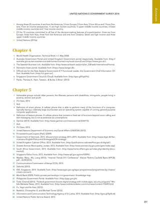   251 
Annexes
UNITED NATIONS E-GOVERNMENT SURVEY 2014
8	 Among these 20 countries, 6 are from the Americas, 5 from Europe, 5 from Asia, 3 from Africa and 1 from Oce-
ania. From an income perspective, 11 are high income countries, 5 upper middle income countries, 3 lower
middle income countries and 1 low income country.
9	 Of the 10 countries committed to all five of the decision-making features of e-participation: three are from
Europe, three from Asia, three from the Americas and one from Oceania. Seven are high income and three
upper middle income countries.
10	 United Nations (2013a).
Chapter 4 
1	 World Health Organization, Technical Brief, n.1, May 2008.
2	 Australia Government Portal and United Kingdom Government portal respectively. Available from: (http://
australia.gov.au/services/service-task/contact/contact-my-local-council) and (https://www.gov.uk/).
3	 The Swedish Business Link. Available from: (http://www.verksamt.se/portal/en_GB/web/international/home).
4	 Denmark citizen portal. Available from: (https://www.borger.dk).
5	 Official site for the New Zealand Government ICT Functional Leader, the Government Chief Information Of-
ficer. Available from: (http://ict.govt.nz/).
6	 Singapore Government Cloud (G-Cloud). Available from: (http://goo.gl/EqsVYo).
7	 Pardo, Theresa A., Nam, Taewoo.,  Burke, G Brian. (2012).
Chapter 5 
1	 Vulnerable groups include older persons, the illiterate, persons with disabilities, immigrants, people living in
poverty, women and youth.
2	 ITU Data, 2013.
3	 Ibid.
4	 Definition of smart phone: A cellular phone that is able to perform many of the functions of a computer,
typically having a relatively large touchscreen and an operating system capable of running general-purpose
computer applications.
5	 Definition of feature phones: A cellular phone that contains a fixed set of functions beyond voice calling and
text messaging, but is not as extensive as a smartphone.
6	 Gartner (2013). Available from: (http://www.gartner.com/newsroom/id/2544115).
7	 Ibid.
8	 ITU Data, 2013.
9	 United Nations Department of Economic and Social Affairs (UNDESA) (2012).
10	 PricewaterhouseCoopers (PwC) (2009).
11	 Government of Denmark, 2013. eGovernment strategy 2011–2015. Available from: (http://www.digst.dk/Ser-
vicemenu/English/Policy-and-Strategy/eGOV-strategy).
12	 United Kingdom Cabinet Office, 2013. Available from: (http://publications.cabinetoffice.gov.uk/digital/).
13	 Greater Amman Municipality, Jordan, 2013. Available from: (http://www.ammancity.gov.jo/en/gam/index.asp).
14	 South Africa Government, 2013. Available from: (http://www.home-affairs.gov.za/index.php/identity-docu-
ments2).
15	 Singapore Police Force, 2013. Available from: (http://www.spf.gov.sg/sms70999/).
16	 Meeker, Mary., Wu, Liang (2013). “Internet Trends D11 Conference”. Kleiner Perkins Caufield Byers (KPCB),
p41 , (5/29/2013).
17	 Communications Commission of Kenya (CCK), 2013.
18	 Deloitte (2013).
19	 IDA, Singapore, 2013. Available from: (http://www.egov.gov.sg/egov-programmes/programmes-by-citizens/
citizen-connect).
20	 World Bank (2009). Public-private partnerships in e-government: Knowledge map.
21	 Philippines Government Portal. Available from: (http://ppp.gov.ph).
22	 Tode, Chantal (2013). “Federal government boosts digital strategy with mobile apps, security programs” Mo-
bile Marketer News, 2013. Available from: (http://www.mobilemarketer.com/cms/news/content/15449.html)
23	 Fu, Yaqin and Ke Xiao, (2012).
24	 Reddick, Christopher G. and Michael Turner (2012).
25	 Information and Communication Technology Agency of Sri Lanka, 2013. Available from: (http://goo.gl/5p4Ln6)
26	 United Nations Public Service Award, 2012.
 