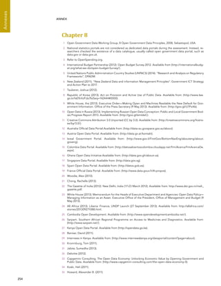 254 
Annexes
ANNEX
Chapter 8 
1	 Open Government Data Working Group, 8 Open Government Data Principles, 2008, Sebastopol, USA.
2	 National statistics portals are not considered as dedicated data portals during the assessment. Instead, re-
searchers checked the existence of a data catalogue, usually called open government data portal, such as
data.gov or data.gov.uk.
3	 Refer to OpenSpending.org.
4	 International Budget Partnership (2012). Open Budget Survey 2012. Available from (http://internationalbudg-
et.org/what-we-do/open-budget-Survey/).
5	 United Nations Public Administration Country Studies (UNPACS) (2014). “Research and Analysis on Regulatory
Frameworks”, DPADM.
6	 New Zealand (2011). “New Zealand Data and information Management Principles”. Government ICT Strategy
and Action Plan to 2017.
7	 Tauberer, Joshua (2012).
8	 Republic of Korea (2013). Act on Provision and Active Use of Public Data. Available from: (http://www.law.
go.kr/lsEfInfoP.do?lsiSeq=142444#0000).
9	 White House, the (2013). Executive Order—Making Open and Machines Readable the New Default for Gov-
ernment Information. Office of the Press Secretary (9 May 2013). Available from: (http://goo.gl/U7PxAb).
10	 Open Data in Russia (2013). Implementing Russian Open Data Conception: Public and Local Government Bod-
ies Progress Report 2013. Available from: (http://goo.gl/emIdeC).
11	 Creative Commons Attribution 3.0 Unported (CC by 3.0). Available from: (http://creativecommons.org/licens-
es/by/3.0/).
12	 Australia Official Data Portal.Available from: (http://data-au.govspace.gov.au/about).
13	 Austria Open Data Portal. Available from: (http://data.gv.at/kontakt).
14	 Isreal Government Portal. Available from: (http://www.gov.il/FirstGov/BottomNavEng/abouteng/about-
goveng).
15	 Colombia Data Portal. Available from: (http://datosabiertoscolombia.cloudapp.net/frm/Acerca/frmAcercaDe.
aspx).
16	 Ghana Open Data Initiative.Available from: (http://data.gov.gh/about-us).
17	 Singapore Data Portal. Available from: (http://data.gov.sg).
18	 Spain Open Data Portal. Available from: (http://datos.gob.es).
19	 France Official Data Portal. Available from: (http://www.data.gouv.fr/A-propos).
20	 Woodie, Alex (2013).
21	 Chong, Rachelle (2013).
22	 The Gazette of India (2012). New Delhi, India (17-23 March 2012). Available from: http://www.dst.gov.in/nsdi_
gazette.pdf.
23	 White House (2013). Memorandum for the Heads of Executive Department and Agencies: Open Data Policy—
Managing Information as an Asset. Executive Office of the President, Office of Management and Budget (9
May 2013).
24	 All Africa (2013). Liberia: Finance, UNDP Launch (27 September 2013). Available from: http://allafrica.com/
stories/201309271088.html.
25	 Cambodia Open Development. Available from: (http://www.opendevelopmentcambodia.net/).
26	 Sarpam. Southern African Regional Programme on Access to Medicines and Diagnostics. Available from:
(http://www.sarpam.net/).
27	 Kenya Open Data Portal. Available from (http://opendata.go.ke).
28	 Banisar, David (2011).
29	 Internews in Kenya. Available from: (http://www.internewskenya.org/dataportal/content?page=about).
30	 Kronrnburg, Tom (2011).
31	 Jalote, Sumedha (2013).
32	 Deloitte (2012).
33	 Capgemini Consulting. The Open Data Economy: Unlocking Economic Value by Opening Government and
Public Data. Available from: (http://www.capgemini-consulting.com/the-open-data-economy-0).
34	 Koski, Heli (2011).
35	 Howard, Alexander B. (2011).
 