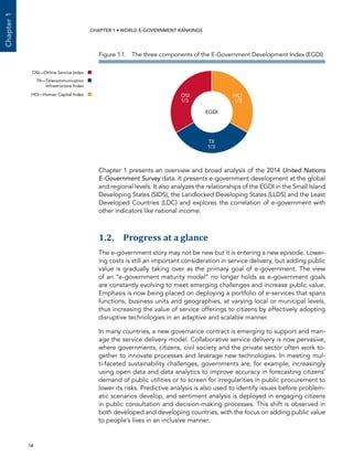  14 
Chapter1
CHAPTER 1 • WORLD E-GOVERNMENT RANKINGS
Chapter 1 presents an overview and broad analysis of the 2014 United Nations
E-Government Survey data. It presents e-government development at the global
and regional levels. It also analyzes the relationships of the EGDI in the Small Island
Developing States (SIDS), the Landlocked Developing States (LLDS) and the Least
Developed Countries (LDC) and explores the correlation of e-government with
other indicators like national income.
1.2. Progress at a glance
The e-government story may not be new but it is entering a new episode. Lower-
ing costs is still an important consideration in service delivery, but adding public
value is gradually taking over as the primary goal of e-government. The view
of an “e-government maturity model” no longer holds as e-government goals
are constantly evolving to meet emerging challenges and increase public value.
Emphasis is now being placed on deploying a portfolio of e-services that spans
functions, business units and geographies, at varying local or municipal levels,
thus increasing the value of service offerings to citizens by effectively adopting
disruptive technologies in an adaptive and scalable manner.
In many countries, a new governance contract is emerging to support and man-
age the service delivery model. Collaborative service delivery is now pervasive,
where governments, citizens, civil society and the private sector often work to-
gether to innovate processes and leverage new technologies. In meeting mul-
ti-faceted sustainability challenges, governments are, for example, increasingly
using open data and data analytics to improve accuracy in forecasting citizens’
demand of public utilities or to screen for irregularities in public procurement to
lower its risks. Predictive analysis is also used to identify issues before problem-
atic scenarios develop, and sentiment analysis is deployed in engaging citizens
in public consultation and decision-making processes. This shift is observed in
both developed and developing countries, with the focus on adding public value
to people’s lives in an inclusive manner.
Figure 1.1.  The three components of the E-Government Development Index (EGDI)
OSI
1/3
TII
1/3
HCI
1/3
EGDI
OSI—Online Service Index
TII—Telecommunication
Infrastructure Index
HCI—Human Capital Index
 