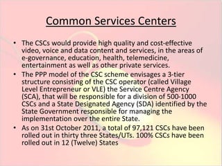 Common Services Centers 
• The CSCs would provide high quality and cost-effective 
video, voice and data content and services, in the areas of 
e-governance, education, health, telemedicine, 
entertainment as well as other private services. 
• The PPP model of the CSC scheme envisages a 3-tier 
structure consisting of the CSC operator (called Village 
Level Entrepreneur or VLE) the Service Centre Agency 
(SCA), that will be responsible for a division of 500-1000 
CSCs and a State Designated Agency (SDA) identified by the 
State Government responsible for managing the 
implementation over the entire State. 
• As on 31st October 2011, a total of 97,121 CSCs have been 
rolled out in thirty three States/UTs. 100% CSCs have been 
rolled out in 12 (Twelve) States 
 