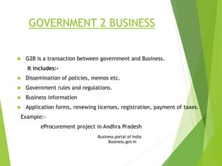 GOVERNMENT 2 BUSINESS
 G2B is a transaction between government and Business.
It includes:-
 Dissemination of policies, memos etc.
 Government rules and regulations.
 Business information
 Application forms, renewing licenses, registration, payment of taxes.
Example:-
eProcurement project in Andhra Pradesh
Business portal of India
Business.gov.in
 
