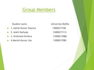 Group Members
Student name University RollNo
 1. Ashish Kumar Sharma 13000217106
 2. Ankit Kashyap 13000217113
 3. Krishnesh Krishna 13000217086
 4.Manish Kumar Jha 13000217081
 
