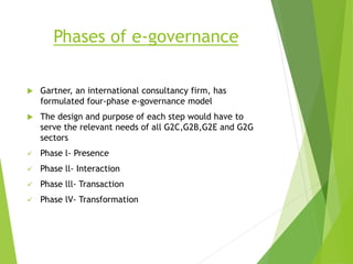 Phases of e-governance
 Gartner, an international consultancy firm, has
formulated four-phase e-governance model
 The design and purpose of each step would have to
serve the relevant needs of all G2C,G2B,G2E and G2G
sectors
 Phase l- Presence
 Phase ll- Interaction
 Phase lll- Transaction
 Phase lV- Transformation
 