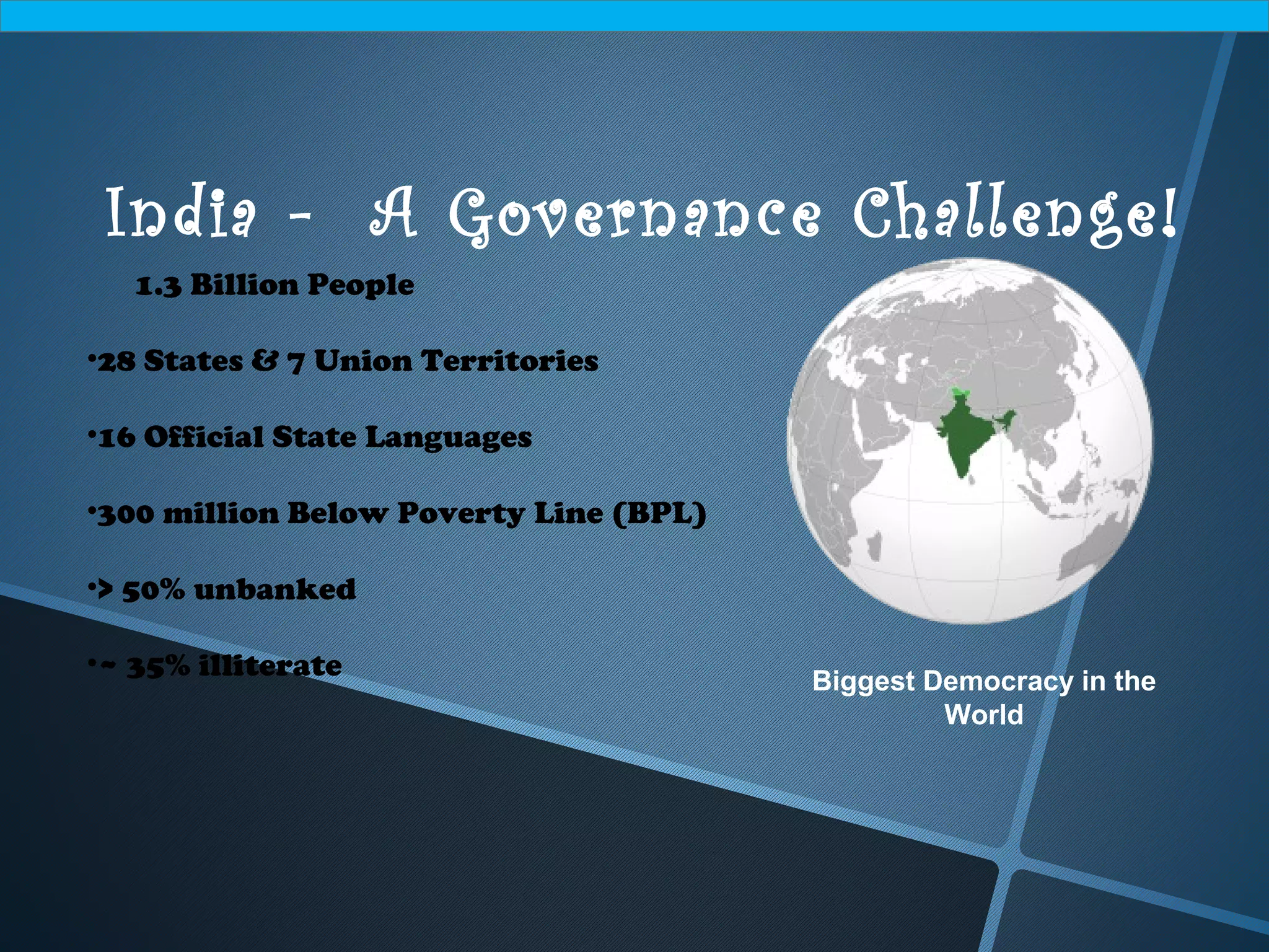 India - A Governance Challenge!
1.3 Billion People
•28 States & 7 Union Territories
•16 Official State Languages
•300 million Below Poverty Line (BPL)
•> 50% unbanked
•~ 35% illiterate Biggest Democracy in the
World
 