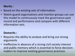 Merits :
• Based on the existing sets of information
• Watch-guard organizations and monitor-groups can use
this model to continuously track the governance past
record and performance and compare with different
information sets.
Demerits :
• Requires the ability to analyze and bring out strong
arguments
• Ineffective in absence of a strong civil society interest
and public memory which is essential to force decision-
makers to improve existing governance practices
 