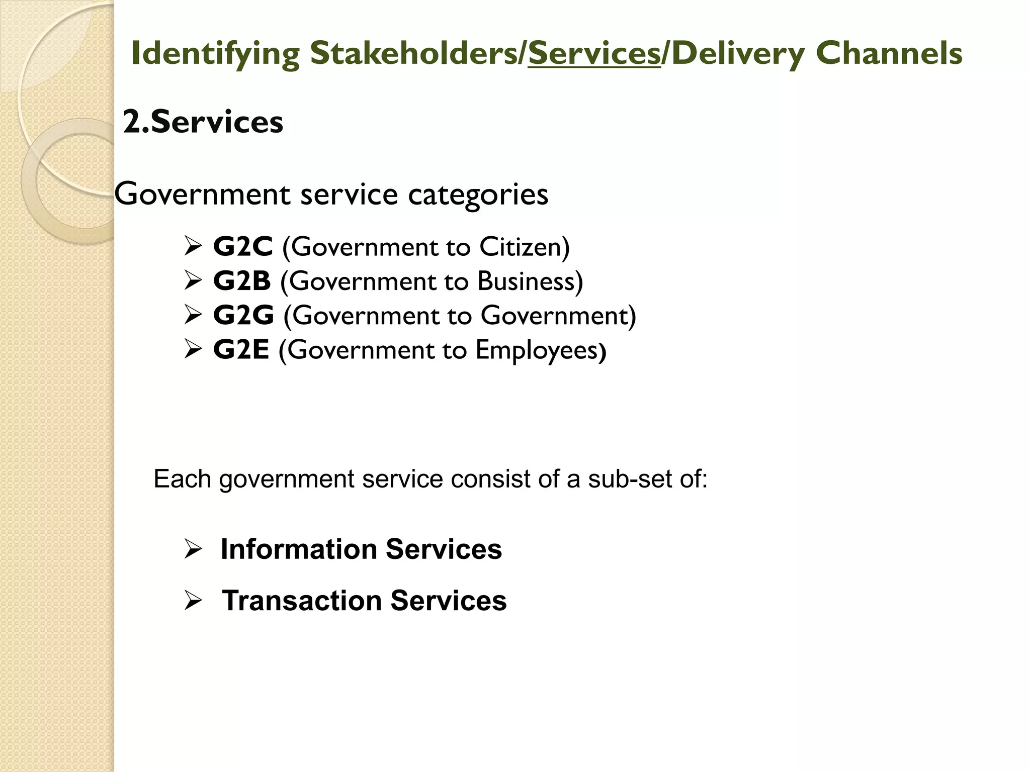 2.Services
Identifying Stakeholders/Services/Delivery Channels
Government service categories
 G2C (Government to Citizen)
 G2B (Government to Business)
 G2G (Government to Government)
 G2E (Government to Employees)
 Information Services
 Transaction Services
Each government service consist of a sub-set of:
 