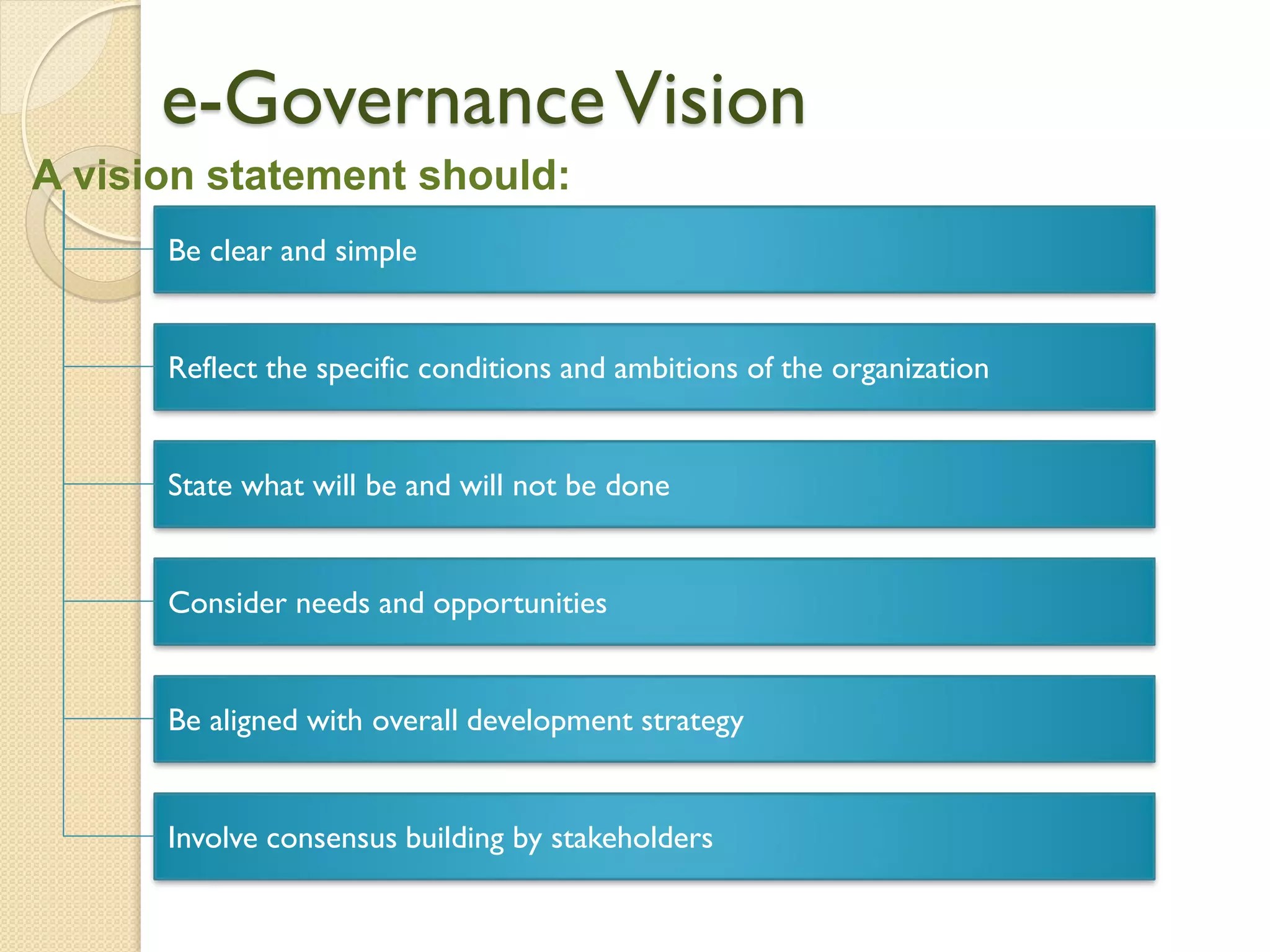 e-GovernanceVision
A vision statement should:
Be clear and simple
Reflect the specific conditions and ambitions of the organization
State what will be and will not be done
Consider needs and opportunities
Be aligned with overall development strategy
Involve consensus building by stakeholders
 