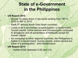 State of e-Government
in the Philippines
• UN Report 2012
– Moved 10 steps down in the world ranking from 78th in
2010 to 88th in 2012
– Rank 5th among South East Asian countries
– Lower in all 5 parameters (e-participation, e-Government,
human capital, online service and infrastructure) compared
to Singapore and all parameters of Malaysia except for
human capital
– As compared to other regional countries, the Philippines is
higher in e-Government, human capital, online service but
lower in e-participation and infrastructure
• UN Report 2015
- middle-EGDI (between 0.25 and 0.5)
 