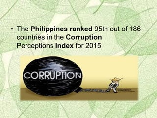 • The Philippines ranked 95th out of 186
countries in the Corruption
Perceptions Index for 2015
 