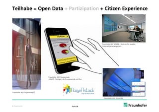Teilhabe = Open Data + Partizipation + Citizen Experience




                                                                              Fraunhofer IAO: VISUM – Zentrum für visuelles
                                                                              Unternehmensmangement




                               Fraunhofer IAO: Designstudie
                               »WertE - Stuttgart, die Energiewende und Du«




Fraunhofer IAO: Augmented ID


                                                                                Fraunhofer IAO: VirtualSky



© Fraunhofer                                                 Folie 38
 