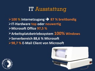 IT  Ausstattung 100  %   Internetzugang     87 % breitbandig IT-Hardware   top   oder   neuwertig Microsoft Office  97,5 %  Arbeitsplatzbetriebssystem  100%  Windows  Serverbereich 88,6 % Microsoft 98,7 %   E-Mail Client von Microsoft 