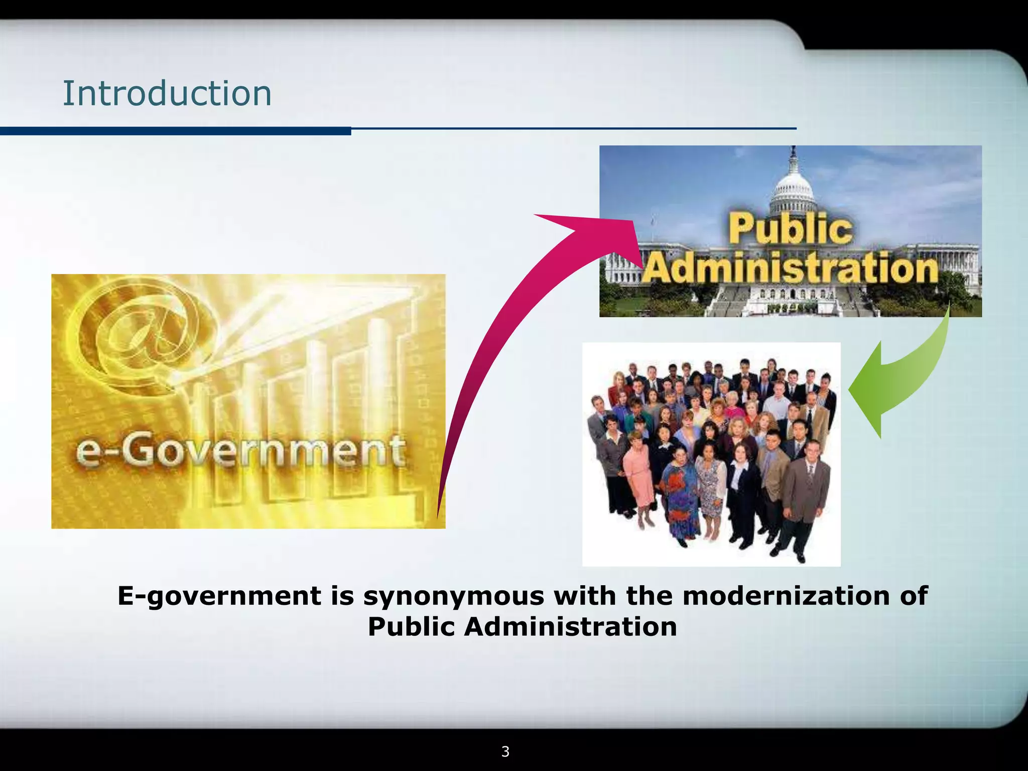 Introduction




   E-government is synonymous with the modernization of
                   Public Administration



                           3
 