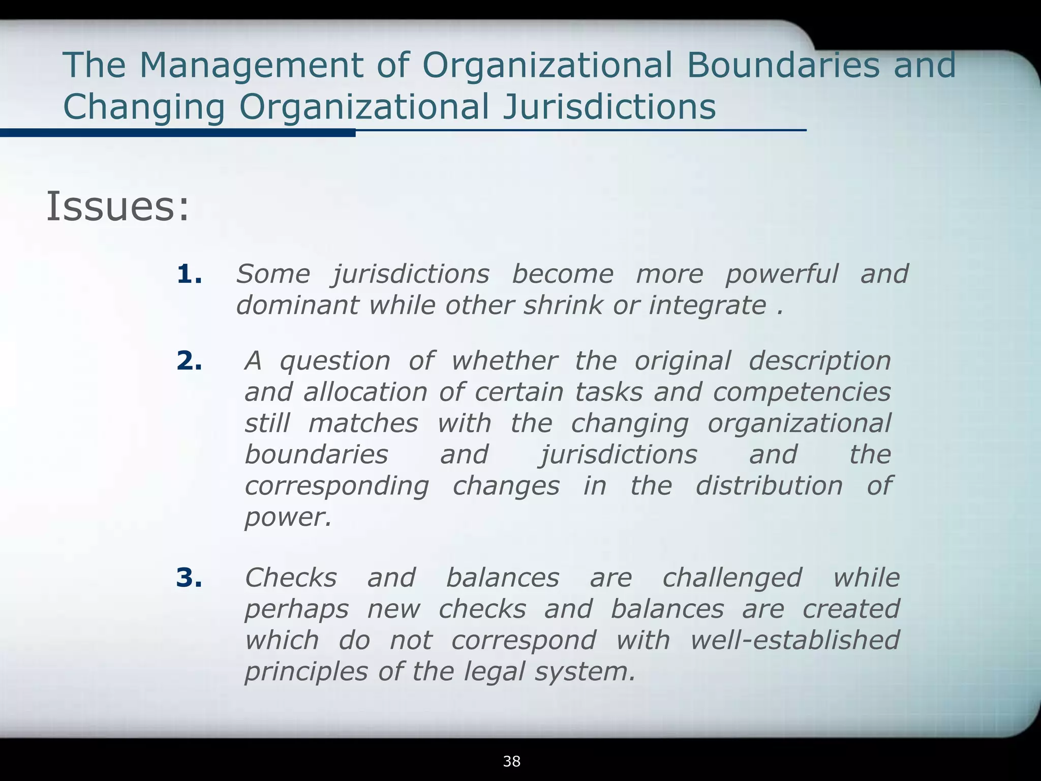 The Management of Organizational Boundaries and
Changing Organizational Jurisdictions

Issues:
      1.   Some jurisdictions become more powerful and
           dominant while other shrink or integrate .

      2.   A question of whether the original description
           and allocation of certain tasks and competencies
           still matches with the changing organizational
           boundaries     and     jurisdictions  and    the
           corresponding changes in the distribution of
           power.

      3.   Checks and balances are challenged while
           perhaps new checks and balances are created
           which do not correspond with well-established
           principles of the legal system.


                              38
 