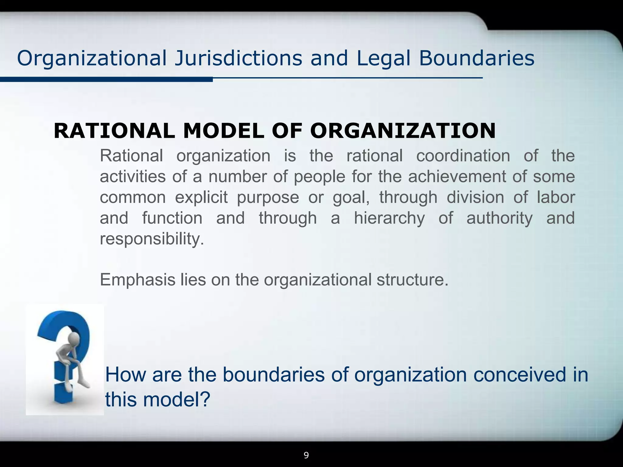 Organizational Jurisdictions and Legal Boundaries


   RATIONAL MODEL OF ORGANIZATION
       Rational organization is the rational coordination of the
       activities of a number of people for the achievement of some
       common explicit purpose or goal, through division of labor
       and function and through a hierarchy of authority and
       responsibility.

       Emphasis lies on the organizational structure.




        How are the boundaries of organization conceived in
        this model?

                                 9
 