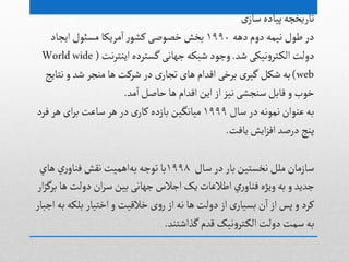 ‫ی‬‫صاز‬ ‫پیادى‬‫ثاریخچي‬
‫دًي‬‫دوم‬‫هيمي‬‫طٍل‬‫در‬۱99۰‫ايجاد‬‫مشئٍل‬ ‫مريكا‬‫ا‬‫ر‬ٍ‫كط‬َ‫خػٍغ‬‫بخض‬
‫ظد‬َ‫هيك‬‫و‬‫جر‬‫الك‬‫دولت‬.‫هت‬‫ر‬‫ايوج‬‫گشجردى‬َ‫جٌاه‬ ‫ظبكي‬‫وجٍد‬(Worldwide
web)‫هجايج‬‫و‬ ‫ظد‬ ‫موجر‬‫ًا‬ ‫ظركت‬ ‫در‬‫ى‬‫ثجار‬ ‫ًاى‬ ‫الدام‬َ‫برخ‬ ‫ى‬‫گير‬‫ظكل‬ ‫بي‬
‫مد‬‫ا‬‫خاغل‬‫ًا‬ ‫الدام‬‫اين‬‫از‬‫هيز‬َ‫صوجط‬‫لابل‬‫و‬‫خٍب‬.
‫صال‬ ‫در‬‫همٍهي‬‫غوٍان‬ ‫بي‬۱999‫فرد‬‫ًر‬ ‫اى‬‫ر‬‫ب‬ ‫صاغت‬ ‫ًر‬ ‫در‬ ‫ى‬‫كار‬ ‫بازدى‬ ‫مياهگين‬
‫يافت‬‫ايض‬‫ز‬‫اف‬ ‫درغد‬‫پوج‬.
‫صال‬‫در‬ ‫بار‬‫هخشجين‬‫ملل‬‫صازمان‬‪۱998‫ًاي‬ ‫ري‬‫فواو‬‫هكض‬ ‫اًميت‬‫بي‬ ‫ثٍجي‬ ‫با‬
‫ار‬‫ز‬‫برگ‬ ‫ًا‬ ‫دولت‬ ‫ان‬‫ر‬‫ص‬ ‫بین‬‫جٌاهی‬ ‫اجالس‬‫یک‬ ‫اطالغات‬ ‫ري‬‫فواو‬‫ويژى‬‫بي‬ ‫و‬ ‫جديد‬
‫اجبار‬‫بي‬‫بلکي‬ ‫اخجیار‬‫و‬ ‫خاللیت‬‫ی‬‫و‬‫ر‬‫از‬‫هي‬‫ًا‬‫دولت‬‫از‬‫ی‬‫بشیار‬‫ن‬‫ا‬‫از‬‫پس‬‫و‬‫کرد‬
‫گذاظجود‬‫لدم‬‫هیک‬‫و‬‫جر‬‫الک‬‫دولت‬ ‫صمت‬ ‫بي‬.
 