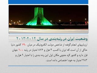 ‫بودی‬‫تبه‬‫ر‬‫در‬ ‫ان‬‫ر‬‫ای‬‫وضعیت‬‫سال‬‫در‬2012-2013
‫میان‬‫در‬‫هیک‬‫و‬‫جر‬‫الک‬‫دولت‬‫ظاخع‬ ‫از‬ ‫گرفجي‬‫اهجام‬‫یابیٌای‬‫ز‬‫ار‬190‫دهیا‬‫ر‬ٍ‫کط‬
‫کشب‬‫با‬ ‫ان‬‫ر‬‫ای‬‫کي‬ ‫اصت‬‫ن‬‫ا‬‫از‬‫خاکی‬۴‫و‬ ‫ار‬‫ز‬ً876‫ثبي‬‫ر‬‫در‬ ‫امجیاز‬100‫جٌان‬
‫امجیار‬‫با‬‫ا‬‫ر‬ ‫بودی‬‫ردى‬‫این‬ ‫اول‬‫مکان‬‫جوٍبی‬‫کرى‬‫ر‬ٍ‫کط‬‫و‬ ‫دارد‬ ‫ار‬‫ر‬‫ل‬9‫و‬‫ار‬‫ز‬ً
۴8۳‫اصت‬‫دادى‬‫اخجػاص‬‫خٍد‬‫بي‬ ‫امجیاز‬.
 