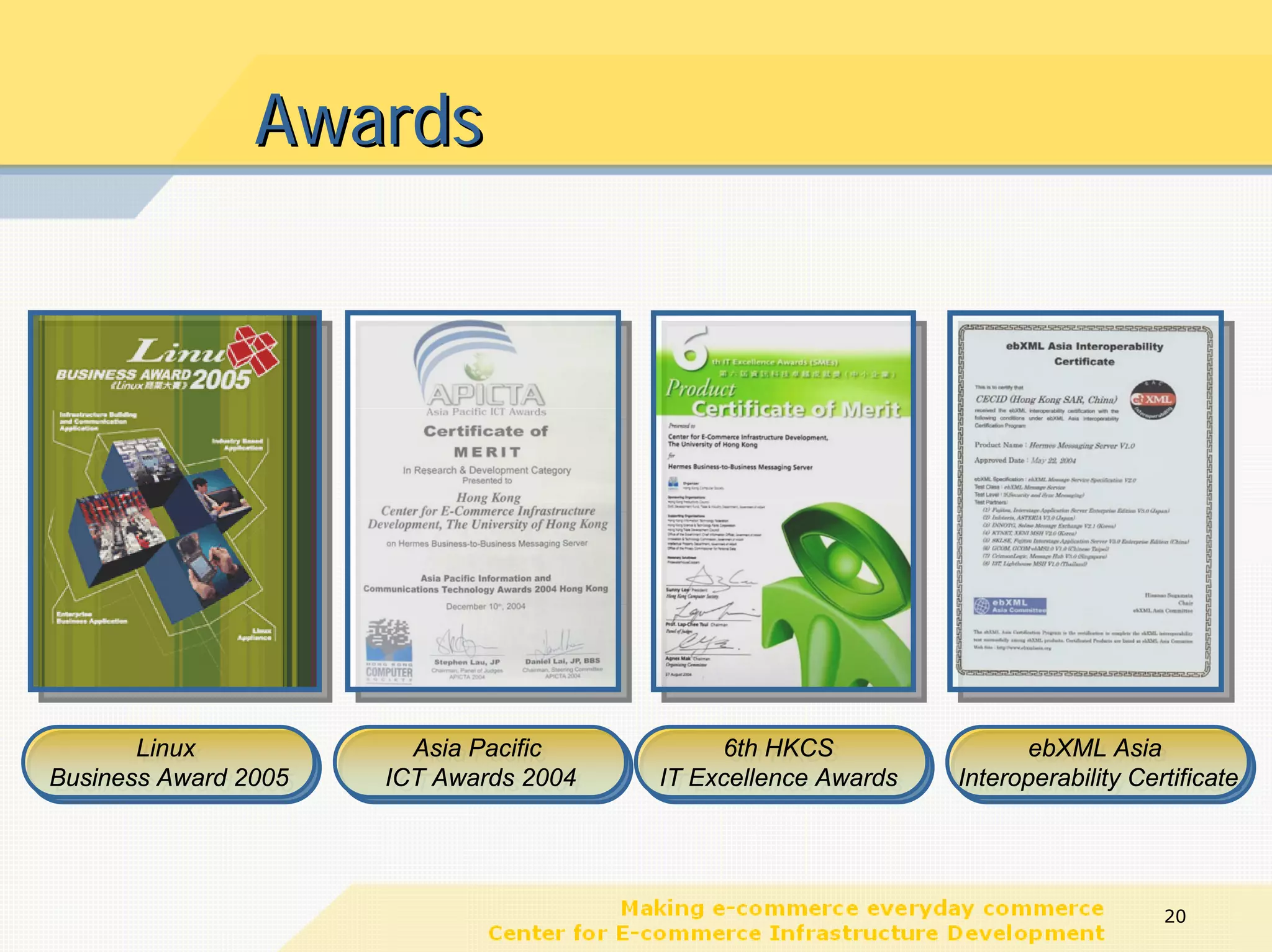 Awards




       Linux
       Linux             Asia Pacific
                         Asia Pacific          6th HKCS
                                               6th HKCS                 ebXML Asia
                                                                        ebXML Asia
Business Award 2005
Business Award 2005   ICT Awards 2004
                       ICT Awards 2004   IT Excellence Awards
                                          IT Excellence Awards   Interoperability Certificate
                                                                  Interoperability Certificate




                                                                                     20
 