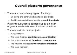 Overall platform governance 
• There are two primary types of activity. 
– On-going and centralised platform evolution 
– Rapid implementation of solutions as mini-projects 
• Platform evolution is carried out by an inter-organisational- 
units coordination committee 
• The roles within mini-projects 
– A stakeholder 
– The team lead for administrative coordination 
– The product owner for functional coordination 
– The solution architect for technical coordination 
– The team member 
© A. Samarin 2014 E-government reference model v3 52 
 