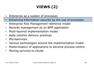 VIEWS (2) 
• Enterprise as a system of processes 
• Enhancing information security by the use of processes 
• Enterprise Risk Management reference model 
• Records management as an BPM application 
• Multi-layered implementation model 
• Agile solution delivery practices 
• Microservices 
• Various technologies around the implementation model 
• Modernisation of applications to become process-centric 
• Moving services to clouds 
© A. Samarin 2014 E-government reference model v3 84 
 