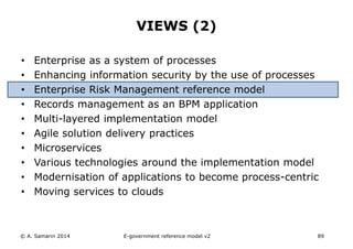 VIEWS (2) 
• Enterprise as a system of processes 
• Enhancing information security by the use of processes 
• Enterprise Risk Management reference model 
• Records management as an BPM application 
• Multi-layered implementation model 
• Agile solution delivery practices 
• Microservices 
• Various technologies around the implementation model 
• Modernisation of applications to become process-centric 
• Moving services to clouds 
© A. Samarin 2014 E-government reference model v3 89 
 